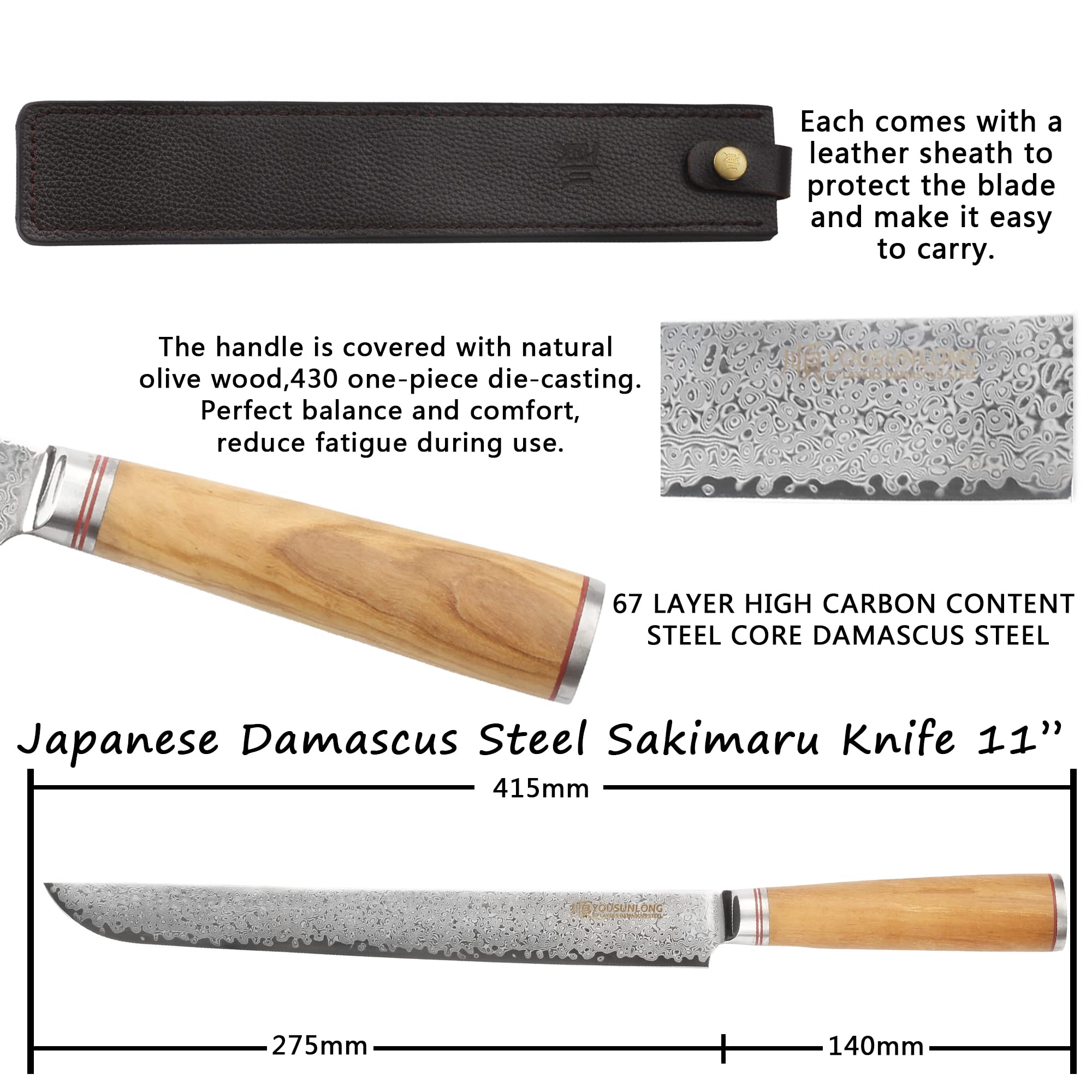 YOUSUNLONG 11 Inch Sakimaru Knife - Japanese Damascus Steel Sashimi & Sushi Knife with Hammered Finish - Professional Fillet Knife for Fish, Salmon, and Meats - Italian Olive Wood Handle & Leather Sheath - Perfect for Sushi Chefs, Home Cooking, and Gourmet Food Preparation