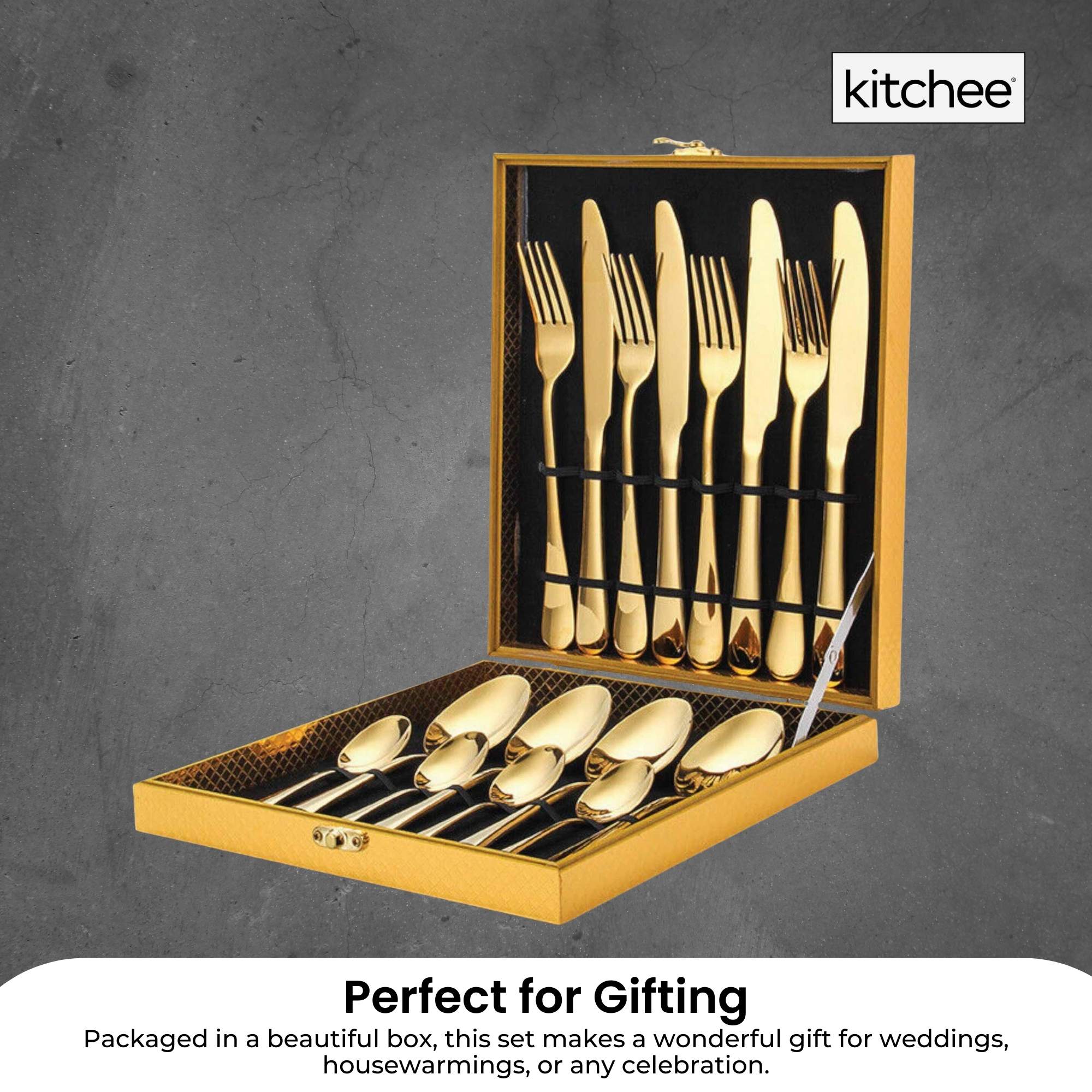 16-Piece Gold Cutlery Set - Stainless Steel Flatware with Knife, Fork & Spoon in Gift Box - Perfect for Weddings, Parties & Elegant Dining