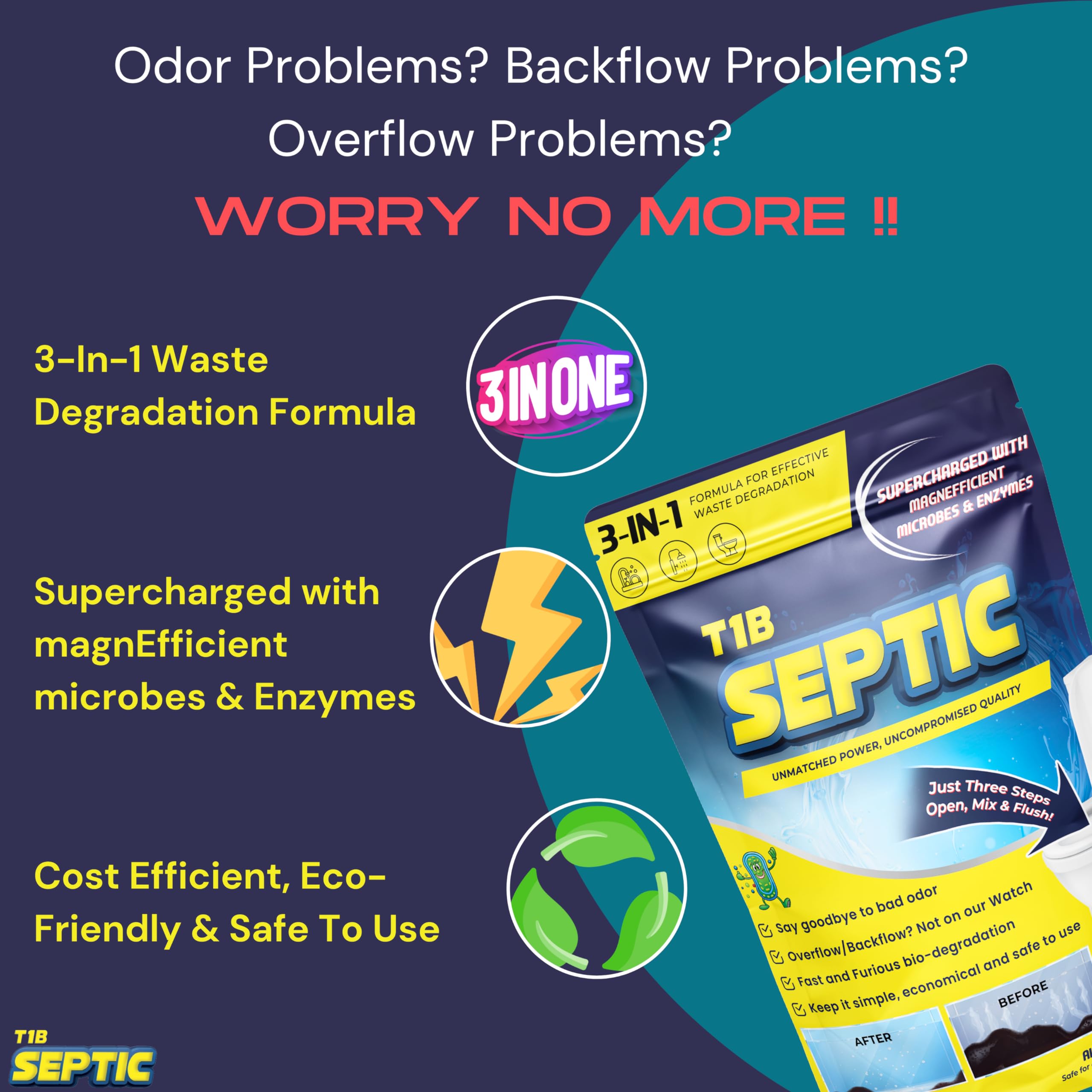 T1B Septic Tank Cleaner - 3-in-1 Formula for Kitchen, Bathroom & Toilet Waste Degradation | Reduces Sludge & Eliminates Odors | Septic Safe Bacteria Prevents Backflow & Overflow | 250g Pack (1 Count) | Ideal for Home, RV & Camping Septic Systems