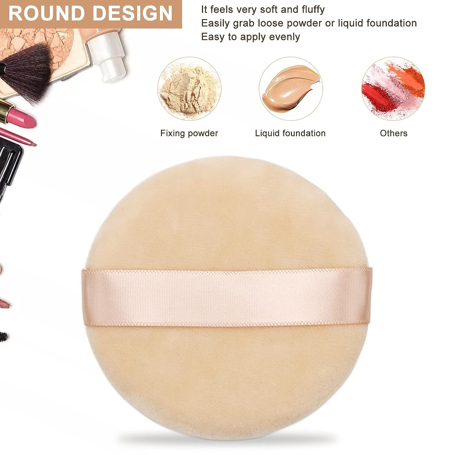 6-Piece Velour Powder Puffs for Face & Foundation - 4.13 Inch Soft Makeup Applicators - Pure Cotton Cosmetic Puffs with Ribbon - Perfect for Flawless Makeup Application & Touch-Ups On-The-Go