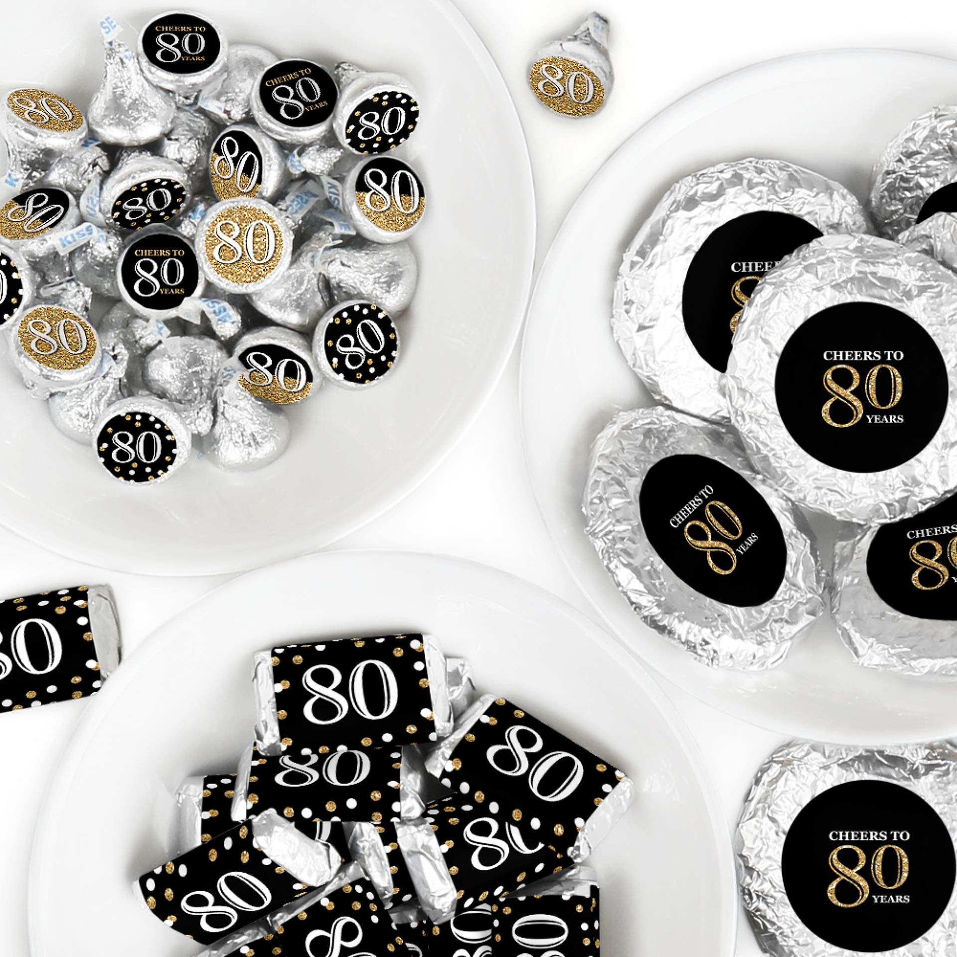 Big Dot of Happiness Adult 80th Birthday Gold Mini Candy Bar Wrappers & Circle Stickers - 304 Piece Birthday Party Favor Kit for Candy Decorations - Perfect for Milestone Celebrations, Retirement Parties & Golden Anniversary Events