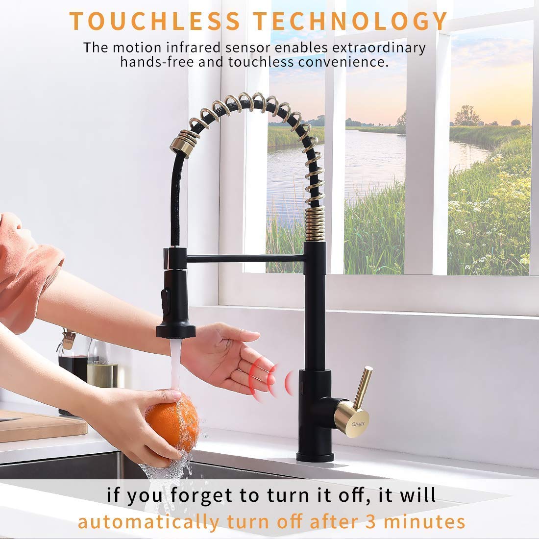 GIMILI Touchless Spring Kitchen Faucet with Deck Plate & Soap Dispenser, Matte Black & Gold Finish - Ideal for Modern Kitchens, Hands-Free Convenience for Cooking and Cleaning