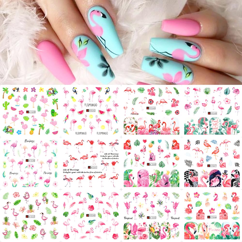 12 Sheet Flamingo Nail Art Stickers - Tropical Flamingo & Green Leaf Design Water Transfer Nail Decals | Summer Nail Decorations | Waterproof Acrylic Nail Stickers for Women DIY Manicure | Perfect for Beach Parties, Vacations & Summer Nail Art
