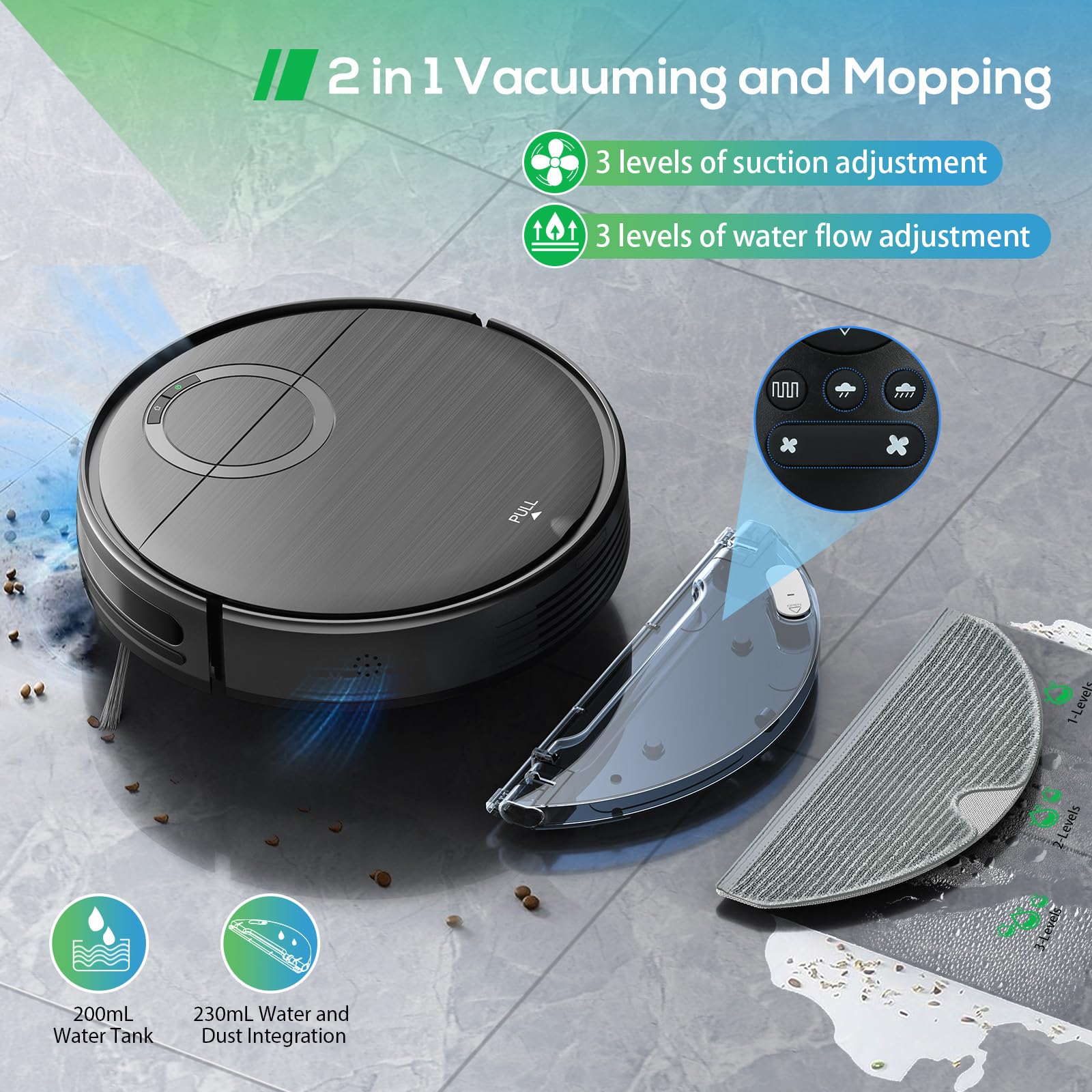Smart Robot Vacuum and Mop 2-in-1 Combo - 2000Pa Strong Suction, Wi-Fi/App Control, Self-Charging - Perfect for Pet Hair, Hard Floors & Low-Pile Carpets - Ideal for Home Cleaning, Office Spaces & Busy Families