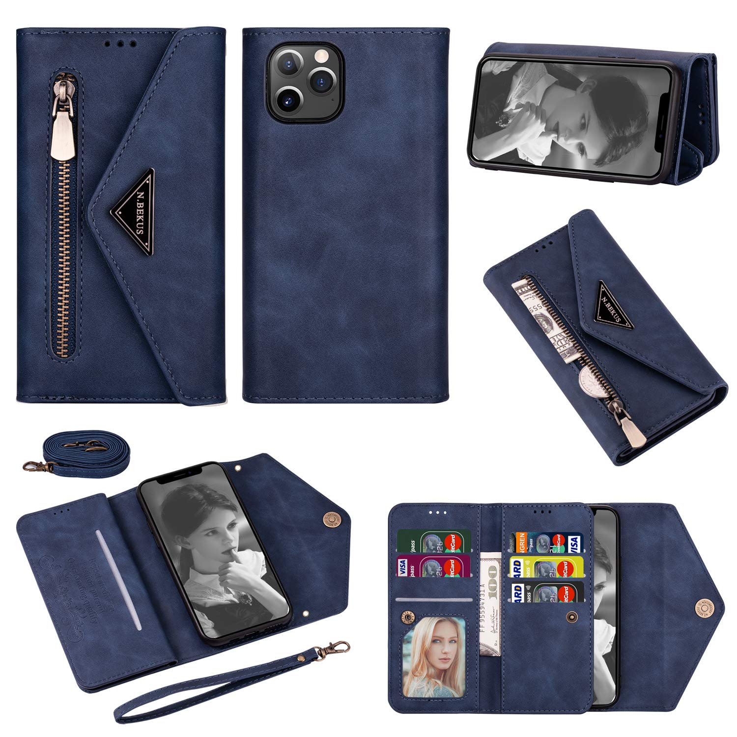 TechCode iPhone 12 Pro Max Wallet Case - 2 in 1 PU Leather Phone Purse with Card Slots & Adjustable Shoulder Strap | Crossbody Clutch Handbag Cover for Women | Perfect for Shopping, Travel & Daily Use (6.7 Inch, Blue)
