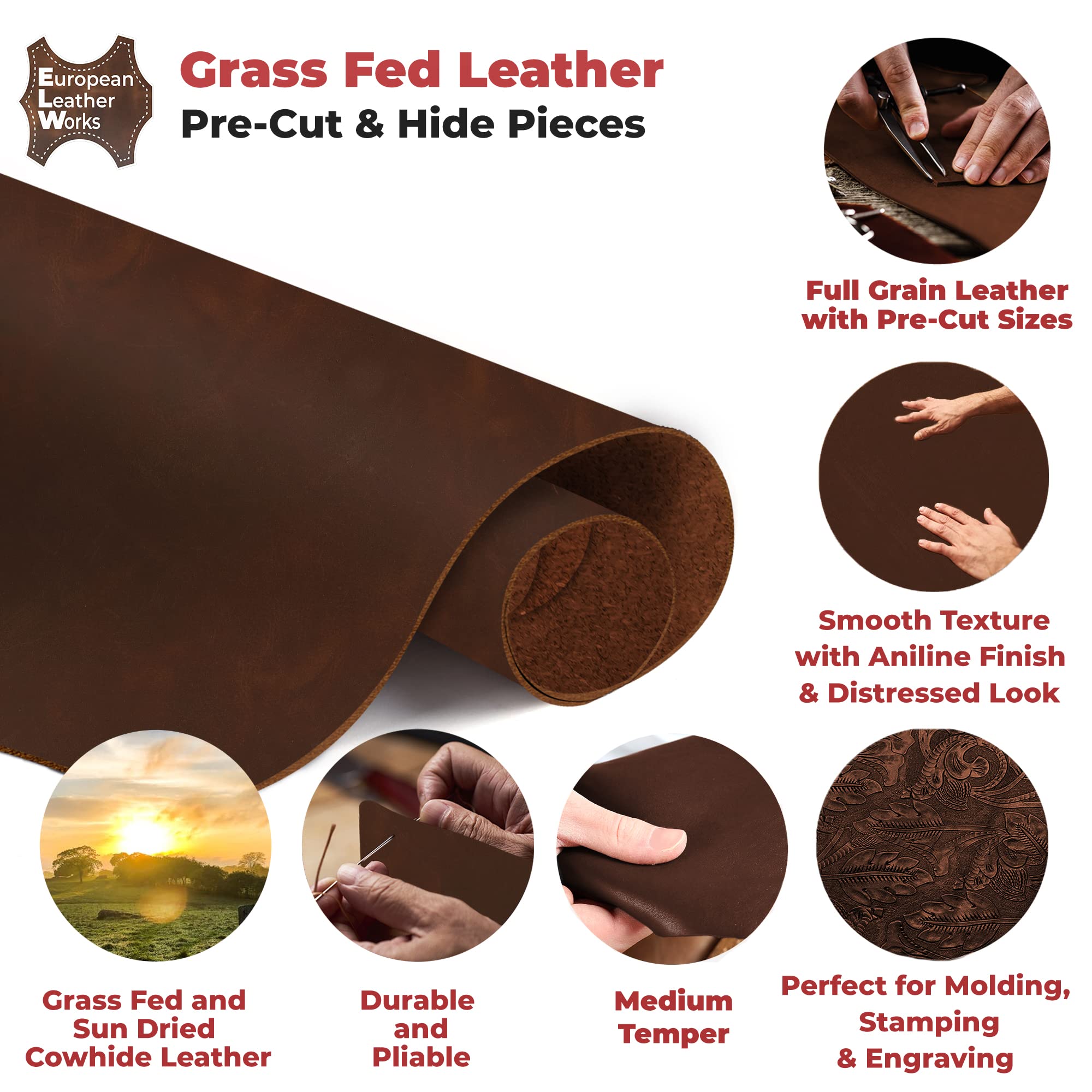 Premium 8-10 oz (3-4mm) Grass-Fed Full Grain Cowhide Leather - 24