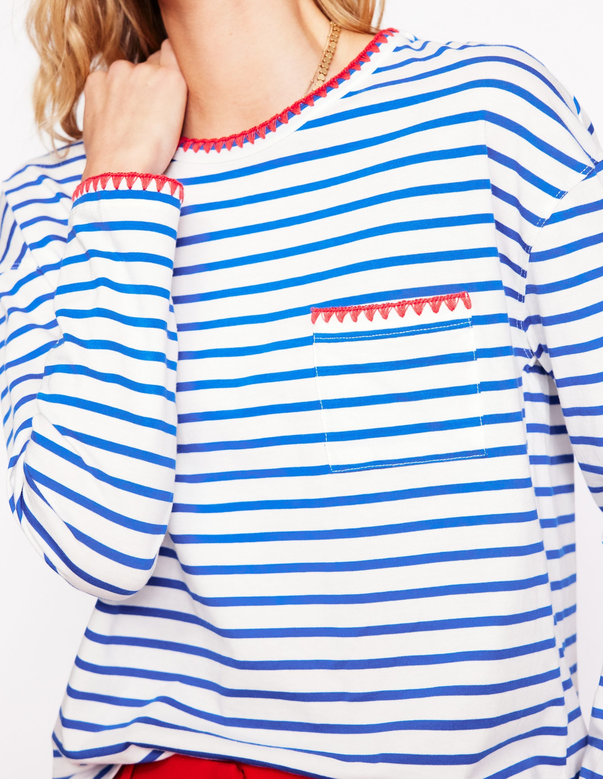Blanket Stitch Boxy Top in Ivory & Gallery Blue | Women's Casual Boho Blouse for Everyday Wear & Layering