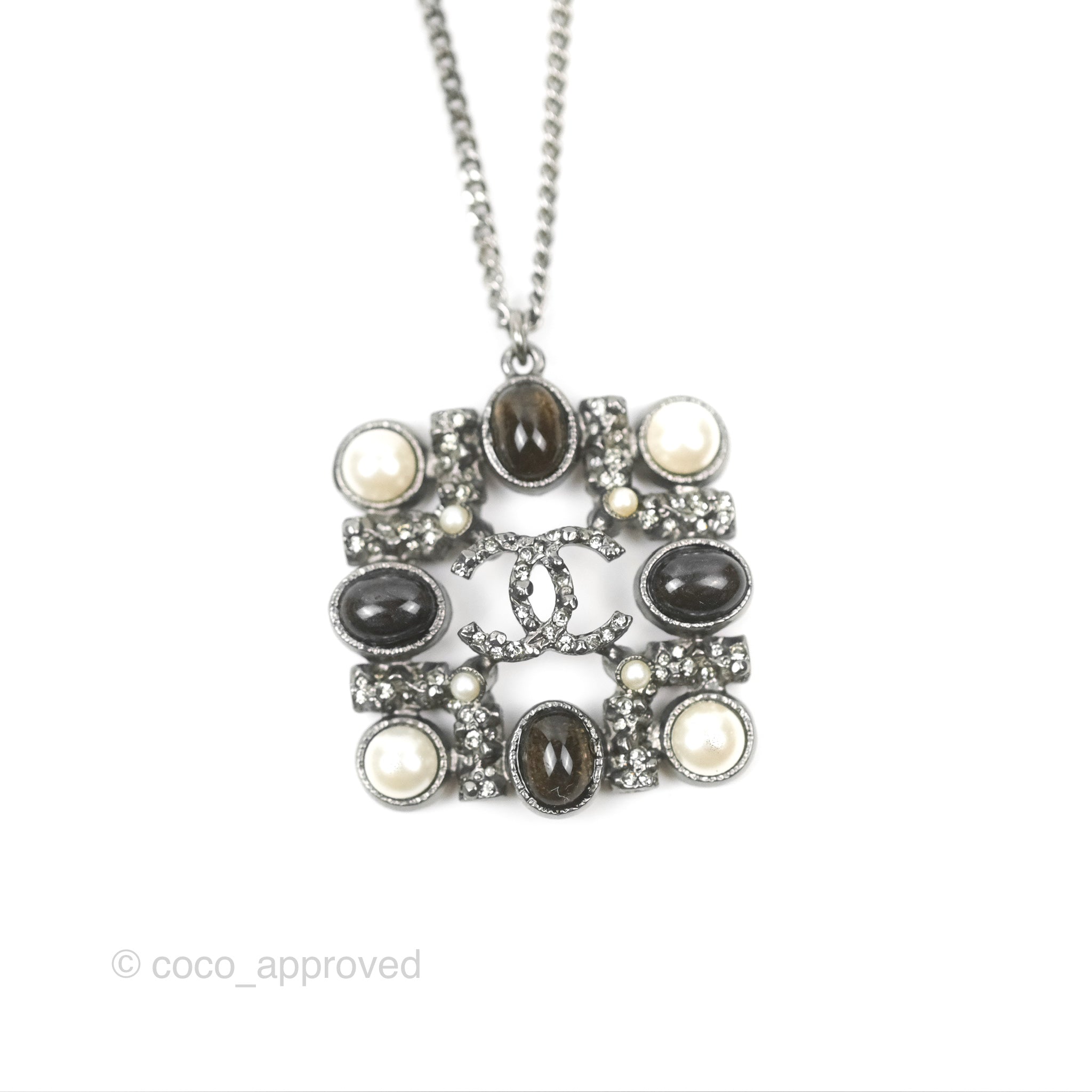 Chanel CC Square Pendant Necklace in Gun Metal 14P - Elegant Fashion Jewelry for Women, Perfect for Parties, Dates & Special Occasions