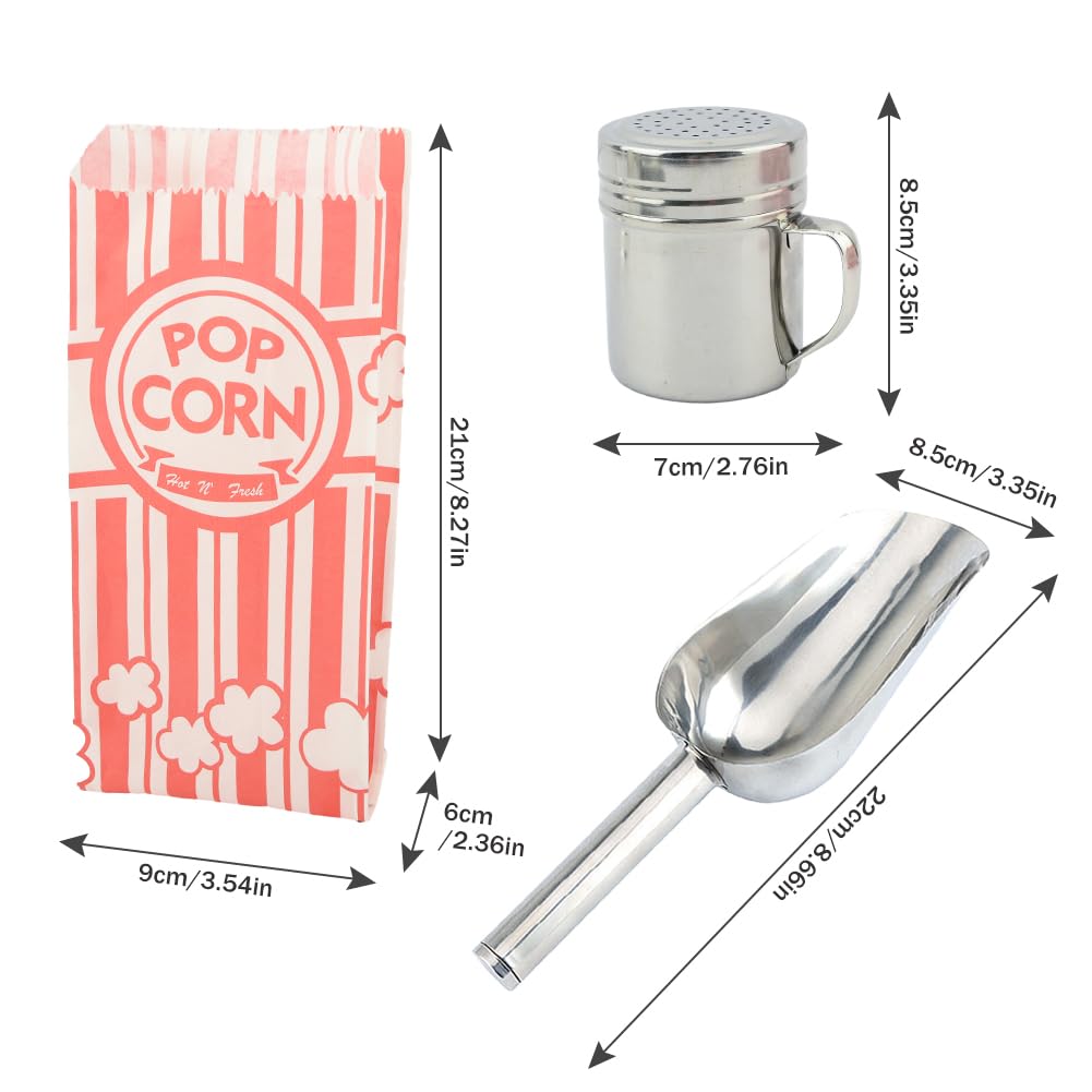 203 PCS Popcorn Machine Supplies Kit - 200 Popcorn Paper Bags, Scoop & 2 Salt Shakers - Commercial Popcorn Popper Accessories for Movie Theaters, Carnivals & Home Theater Snacks