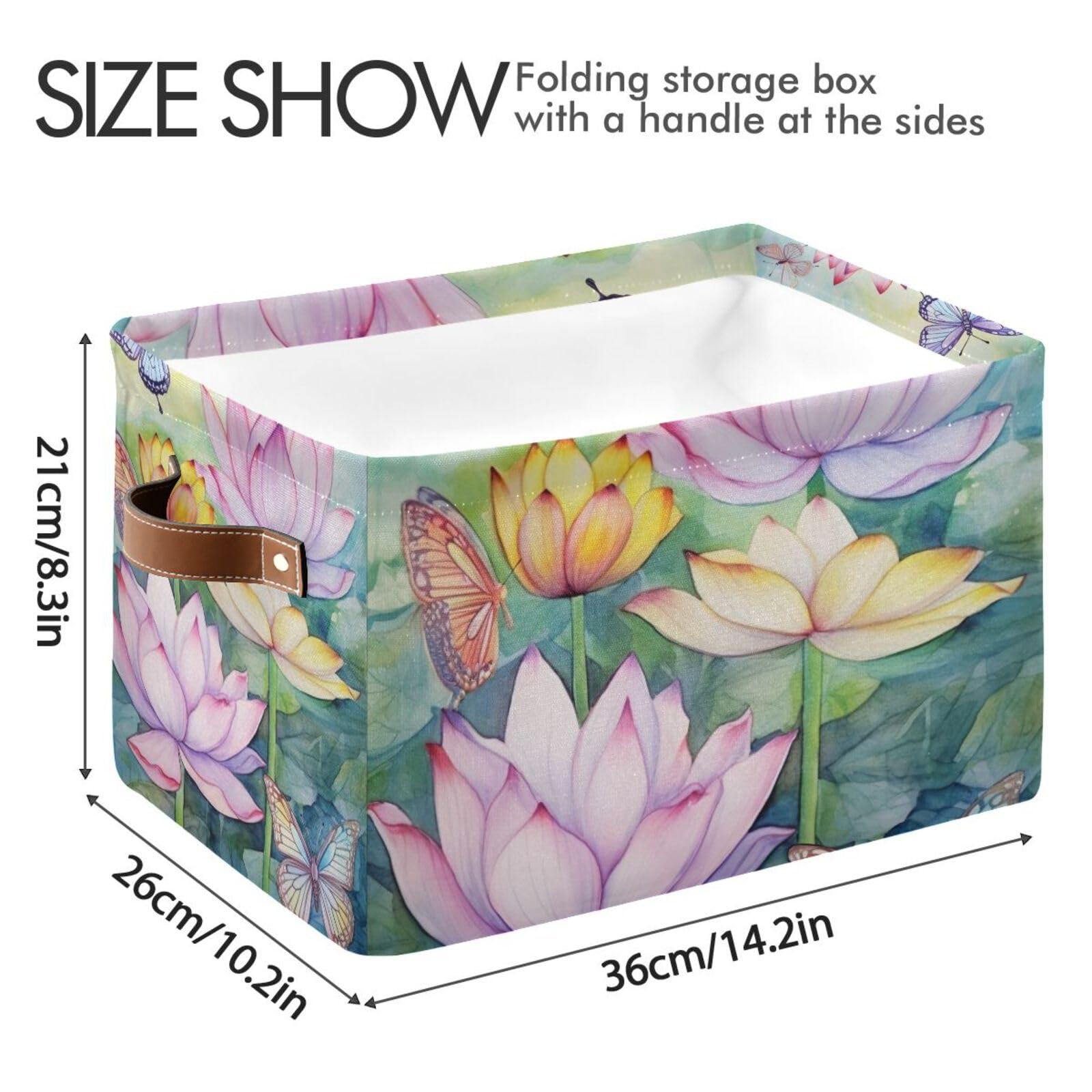 Lotus Painting Foldable Fabric Storage Baskets - 2 Pack Rectangle Canvas Organizer with Handles for Clothes, Home & Office Organization | Perfect for Closet Shelves, Bedroom Decor & Laundry Room Storage