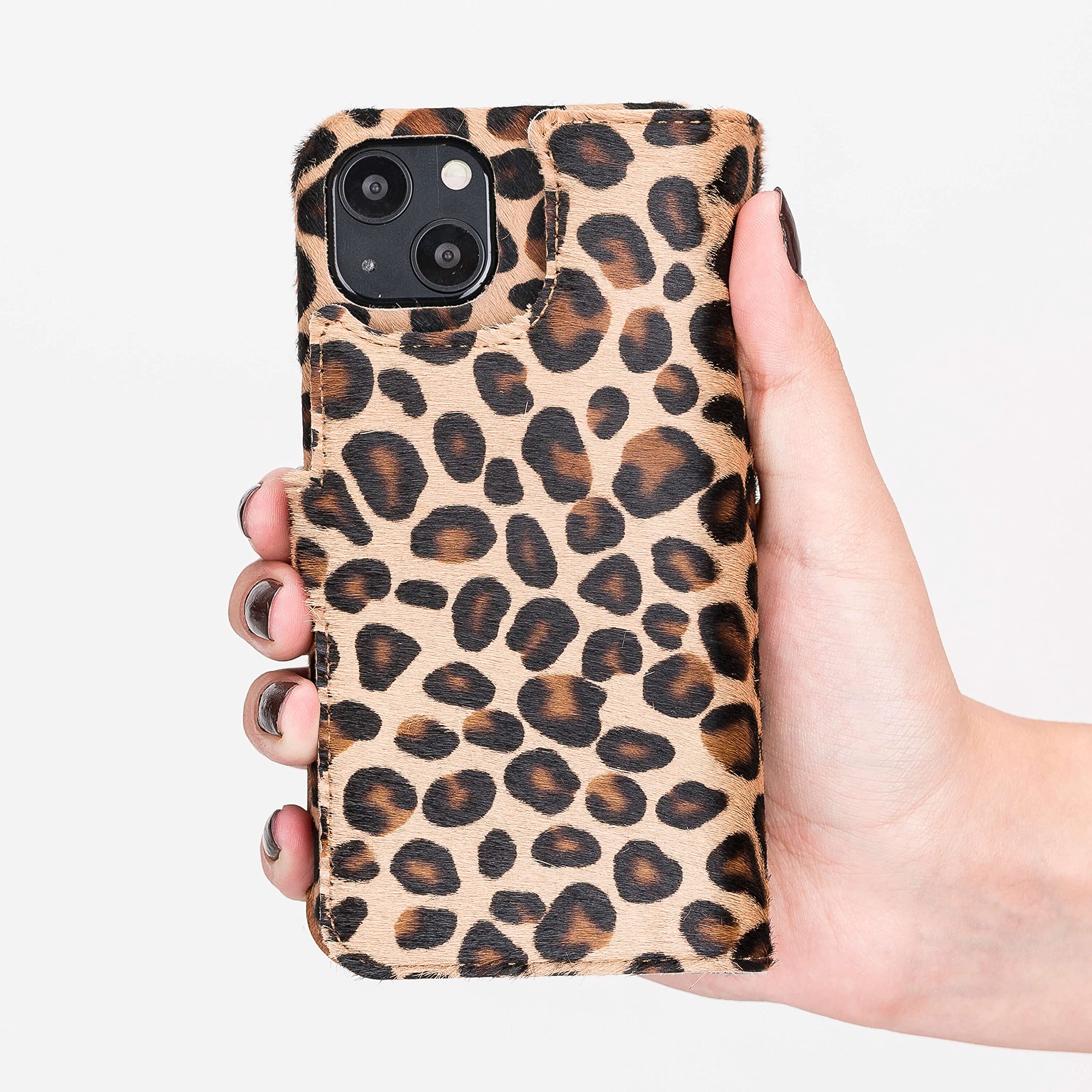 Venito Florence Genuine Leather Wallet Phone Case for iPhone 13 (6.1 Inch) - RFID Blocking Protection - Detachable Card Holder - Furry Leopard Print - Perfect for Travel, Shopping & Everyday Use