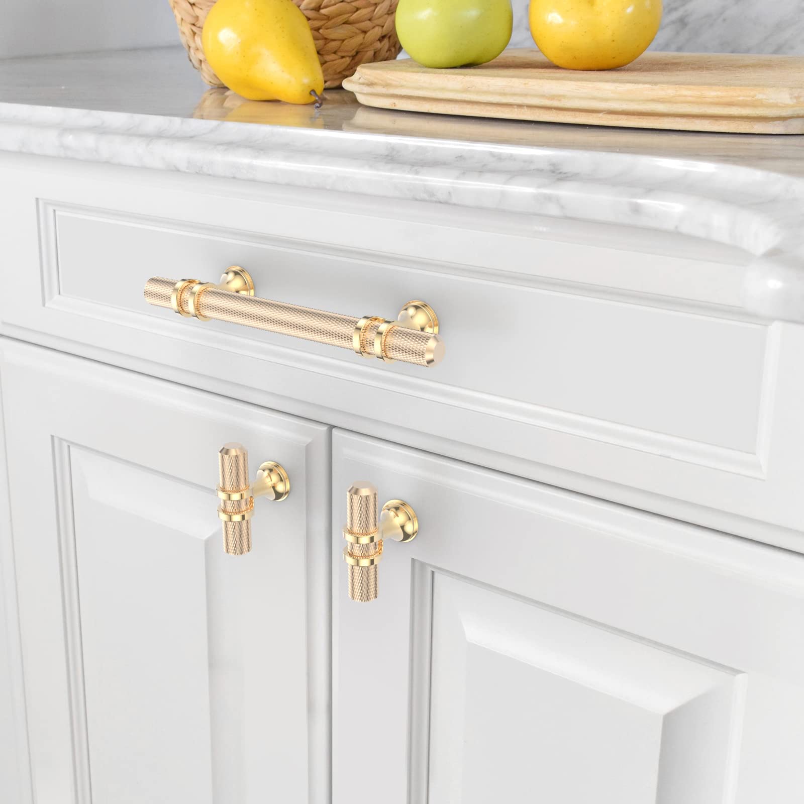 10 Pack Knurled Brushed Brass Cabinet Knobs - Gold Dresser & Drawer Handles for Kitchen, Wardrobe, Cupboard - Single Hole T Bar Pulls for Modern Home Décor & Furniture Upgrade