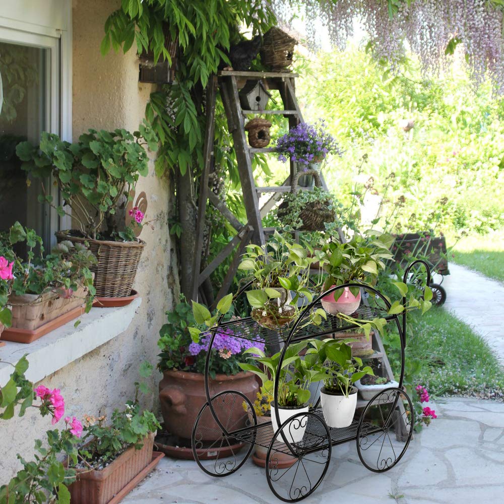 WEI WEI GLOBAL 2-Tier Metal Plant Stand with Wheels - Heavy Duty Rolling Flower Pot Holder for Indoor & Outdoor Plants - Perfect for Home, Garden, Patio and Balcony Decor