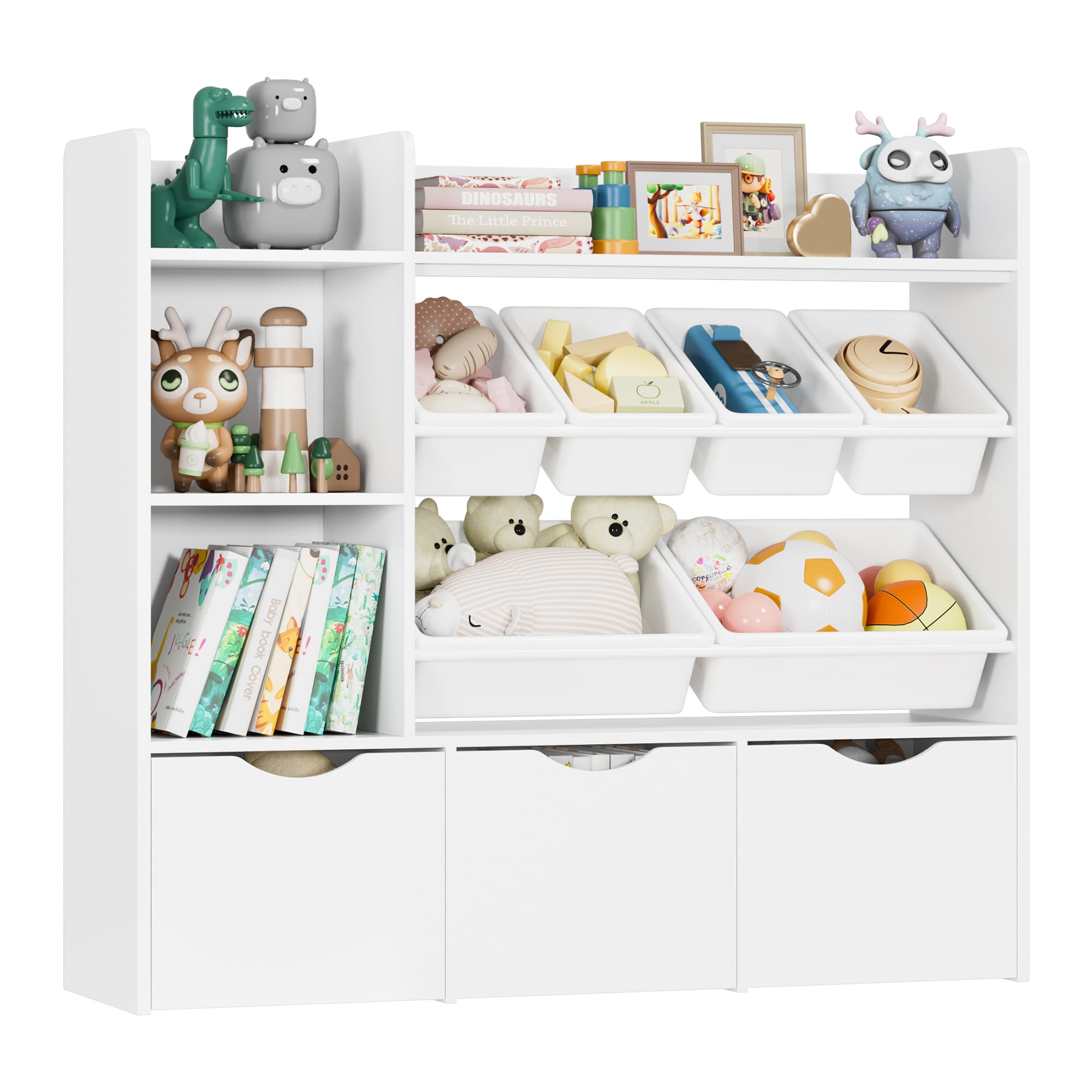 3-Tier Kids Toy Storage Organizer with 6 Plastic Bins & 2 Cubbies - Movable Drawers, Bookshelf & Hidden Wheels - White Toy Chest for Playroom, Classroom & Home Organization
