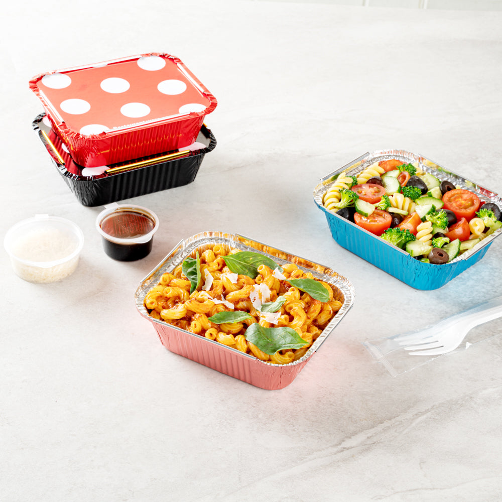 12 oz Pink Aluminum Take Out Containers with Polka Dot Paper Lids - 5.75