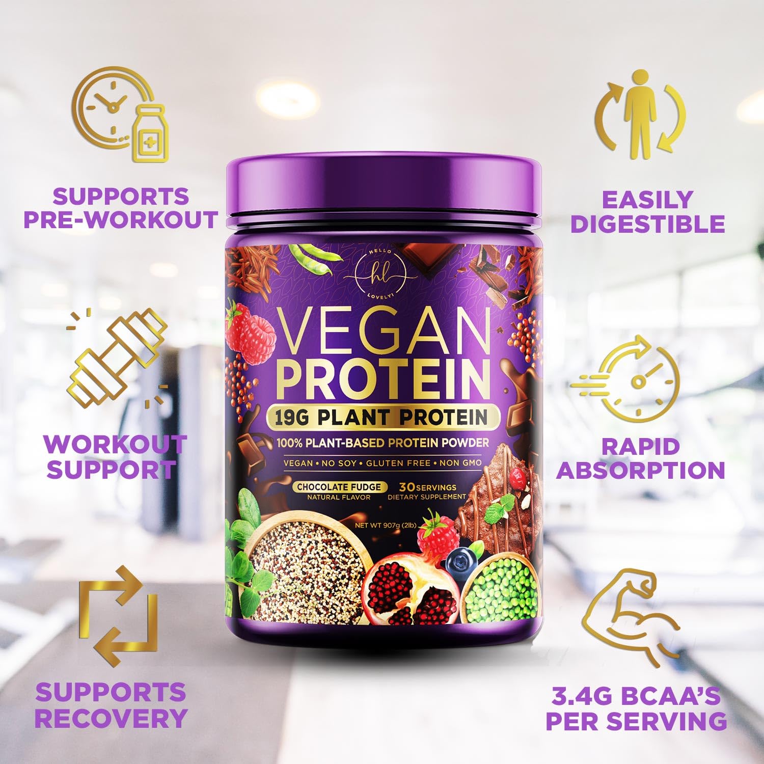 Organic Vegan Protein Powder - Chocolate Fudge Flavor | 100% Plant-Based Protein with 3.4g BCAAs | Dairy-Free, Gluten-Free, Non-GMO | Easy Digesting for Women & Men | 2lb (30 Servings) | Perfect for Post-Workout Recovery & Meal Replacement