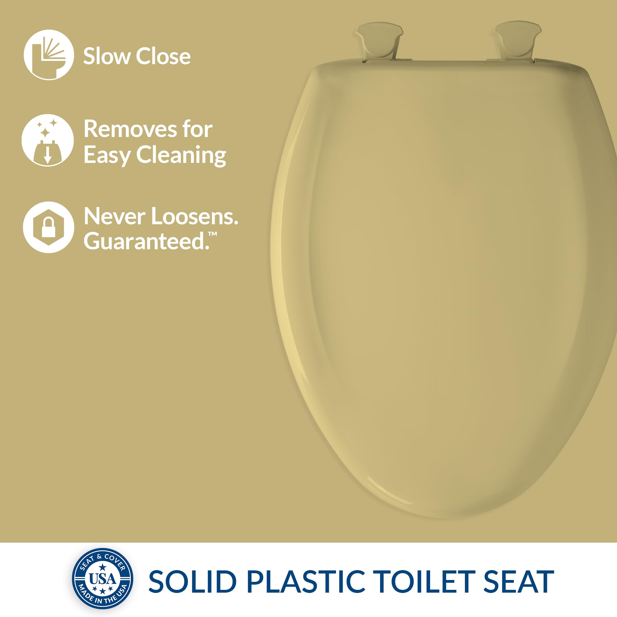 Bemis Classic Colors Slow Close Toilet Seat - Easy Clean Hinges & Durable Plastic Elongated Toilet Seat in Harvest Gold | Perfect for Bathroom Upgrades & Home Renovations