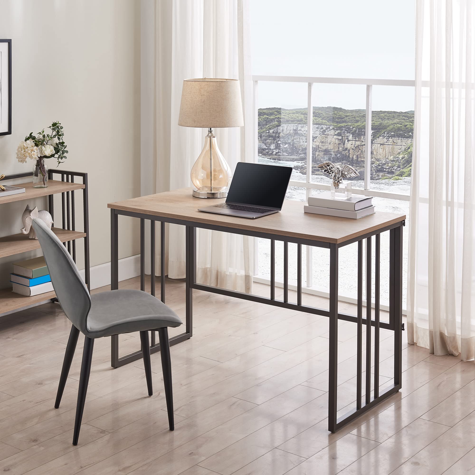 Leick Home Collapsible Slatted Mission Writing Computer Desk - Space Saving Folding Desk for Small Spaces, Home Office & Bedroom - Fully Assembled White Oak/Gunmetal (70001-WOGM) - Perfect for Apartments, Dorms & Workspaces