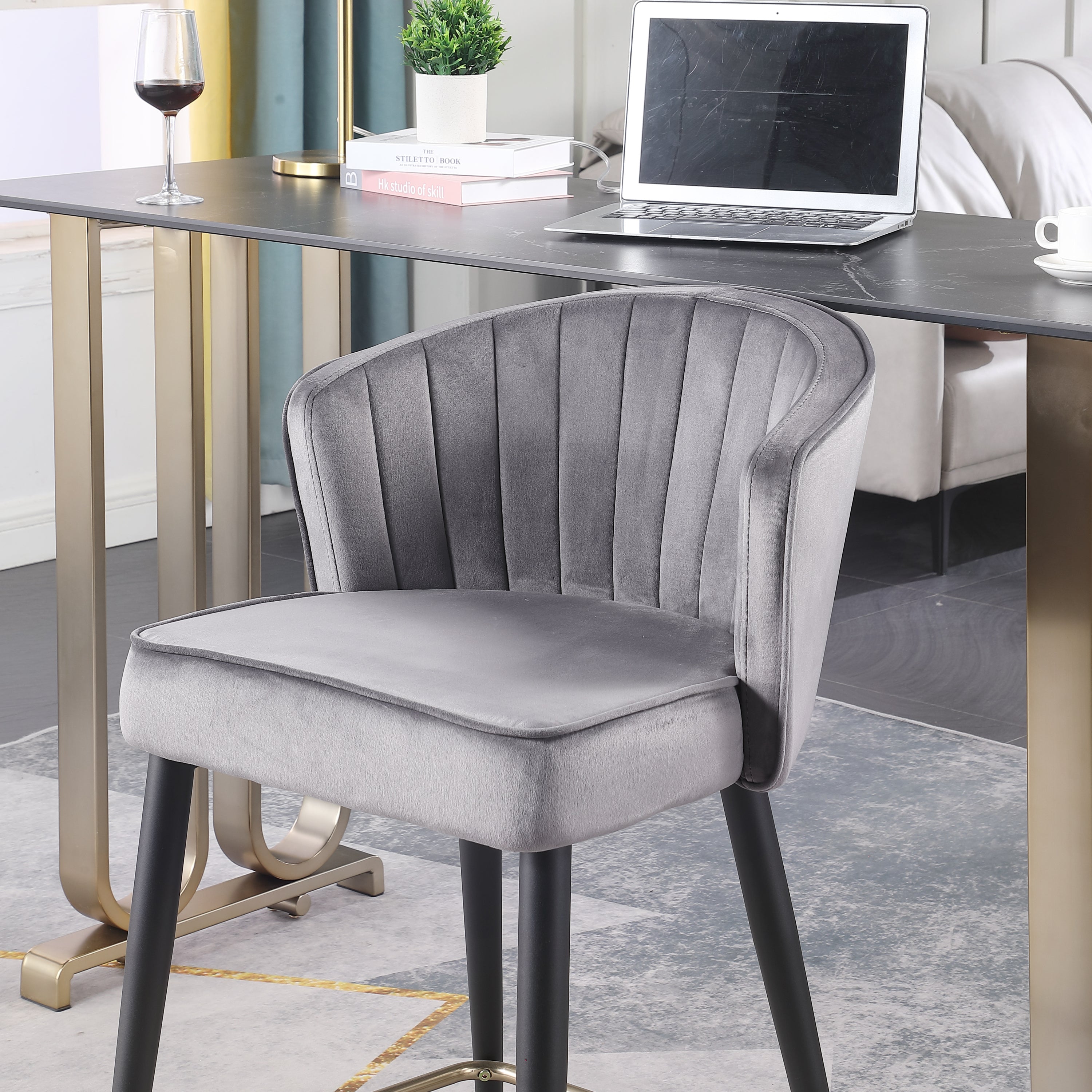 Modern Velvet Counter Height Bar Stool with Deep Channel Tufting & Gold-Tipped Black Metal Legs - 20