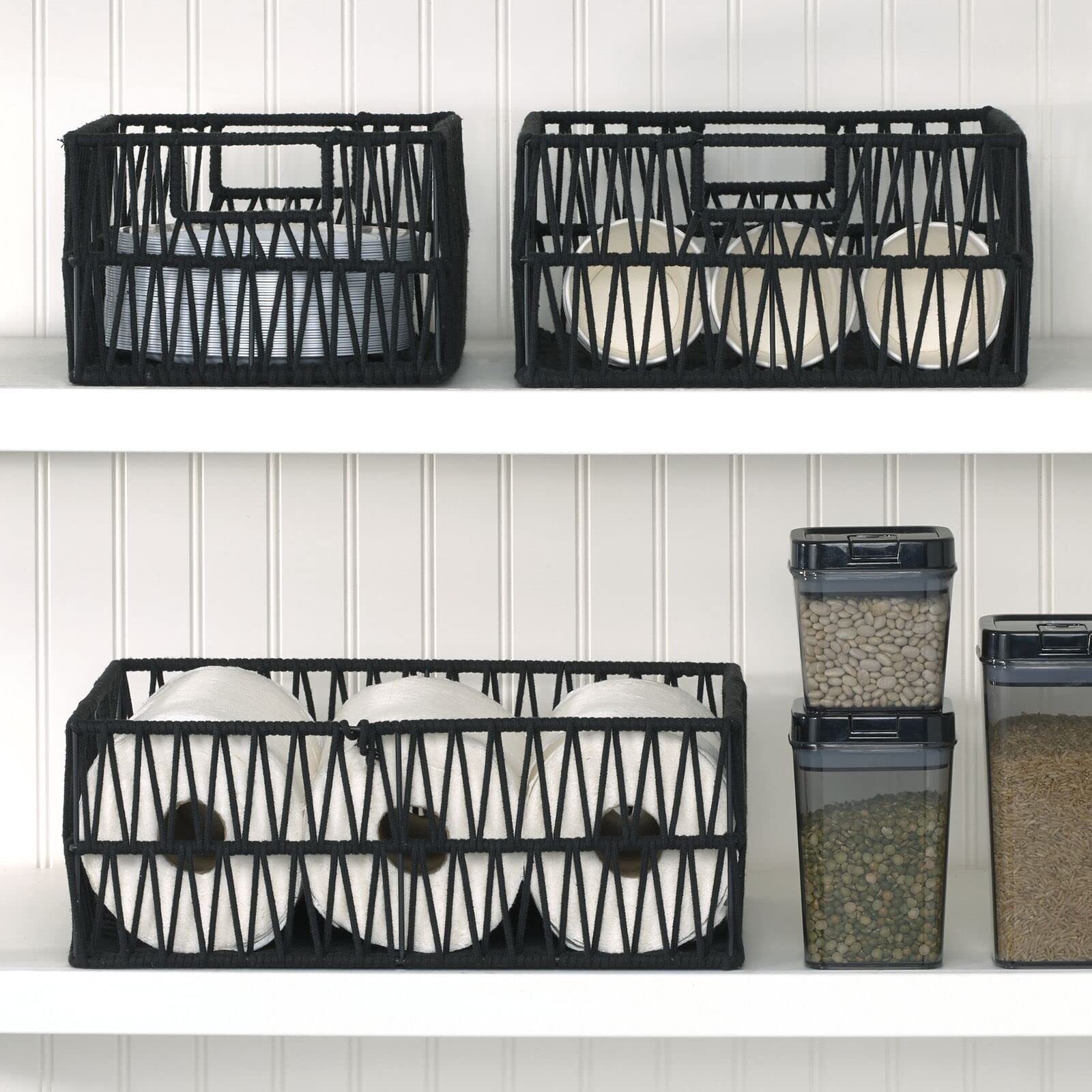 mDesign Metal Wire & Cotton Rope Small Macrame Boho Storage Baskets with Handles - 3 Pack Black - Decorative Organizer Bins for Kitchen, Pantry, Shelves - Perfect for Paper Goods, Dish Towels, Party Supplies & Home Decor