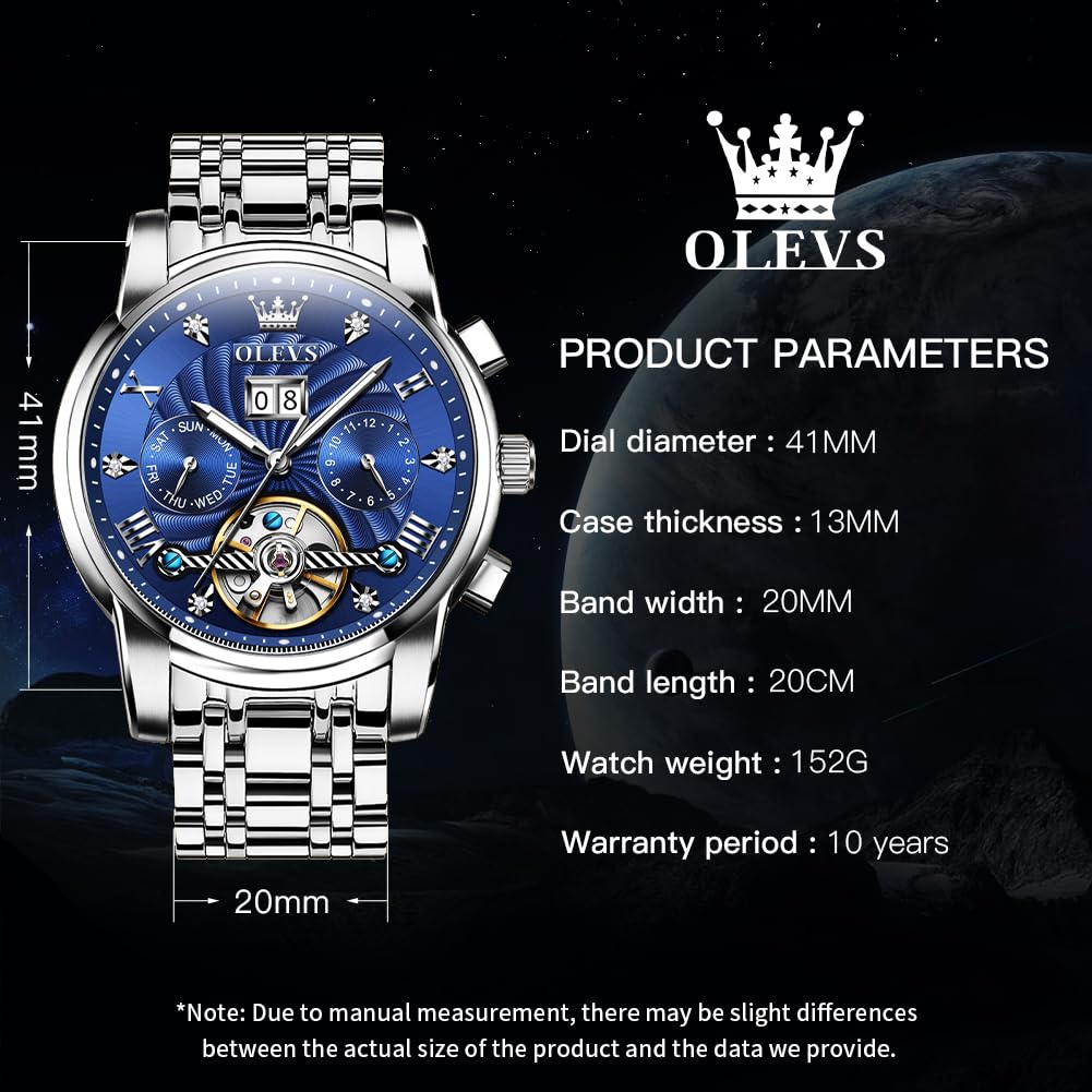 OLEVS Men's Automatic Self-Winding Skeleton Tourbillon Watch with Diamond Accents - Luxury Mechanical Dress Watch with Date Display, Waterproof & Luminous - Perfect for Business, Formal Events & Gift Giving