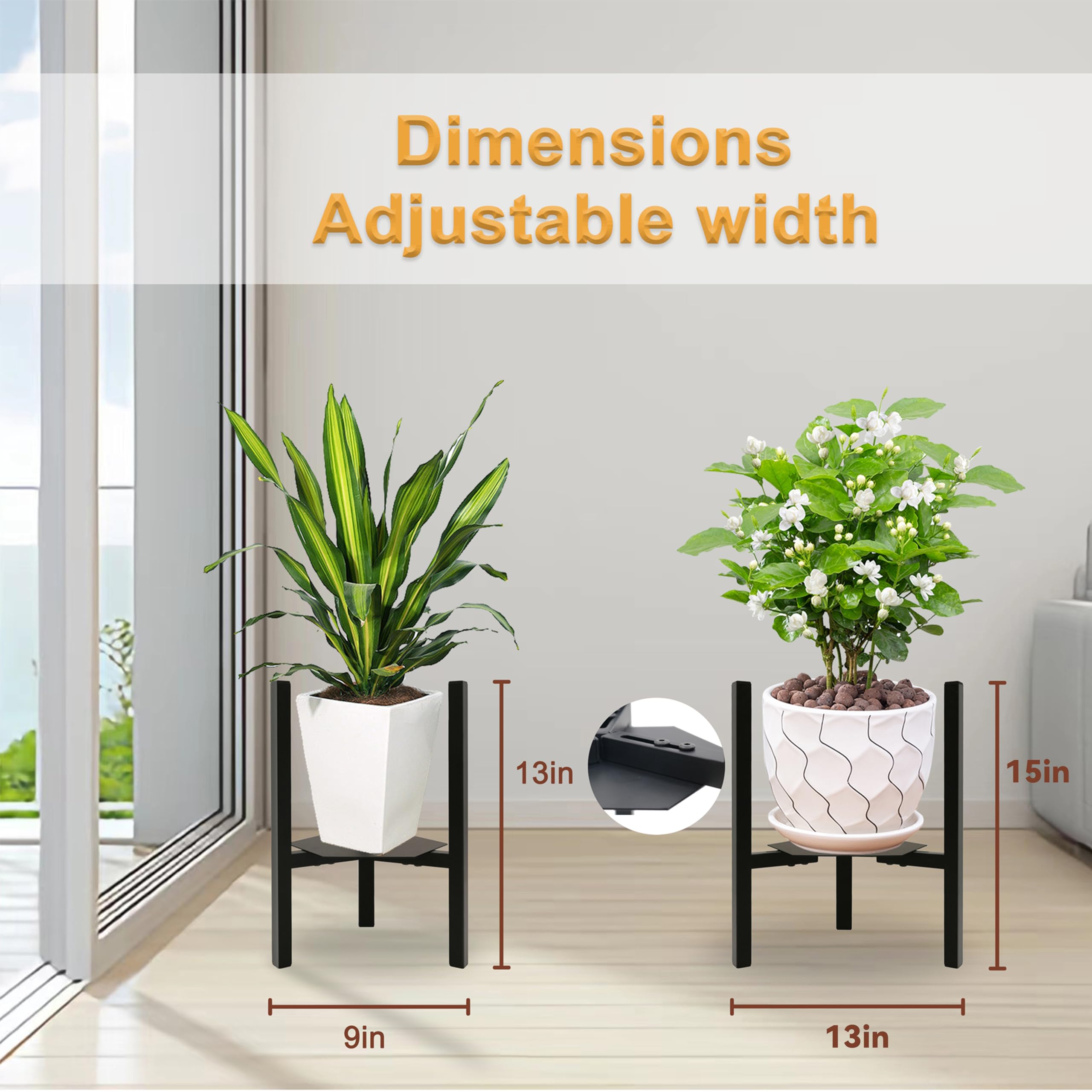 2 Pack Black Metal Adjustable Mid-Century Plant Stand with Hex Trays - Heavy Duty Indoor Plant Holder for Potted Plants (Plant Pot Not Included) - Perfect for Living Room, Bedroom, or Office Decor