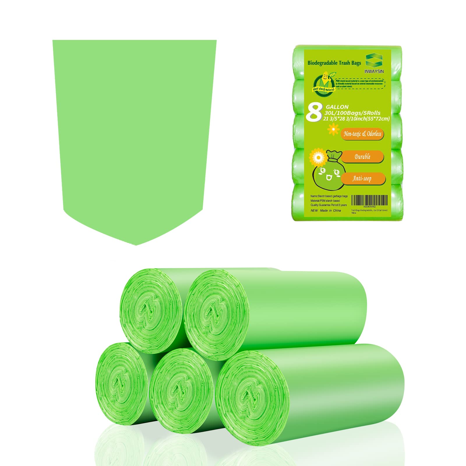 Inwaysin 8 Gallon (30L) Compostable Trash Bags - 20 Count (Pack of 5) | Eco-Friendly Clear Green Garbage Bags | Budget Alternative to SimpleHuman H/J/G Bags | Perfect for Kitchen, Office & Outdoor Waste Disposal