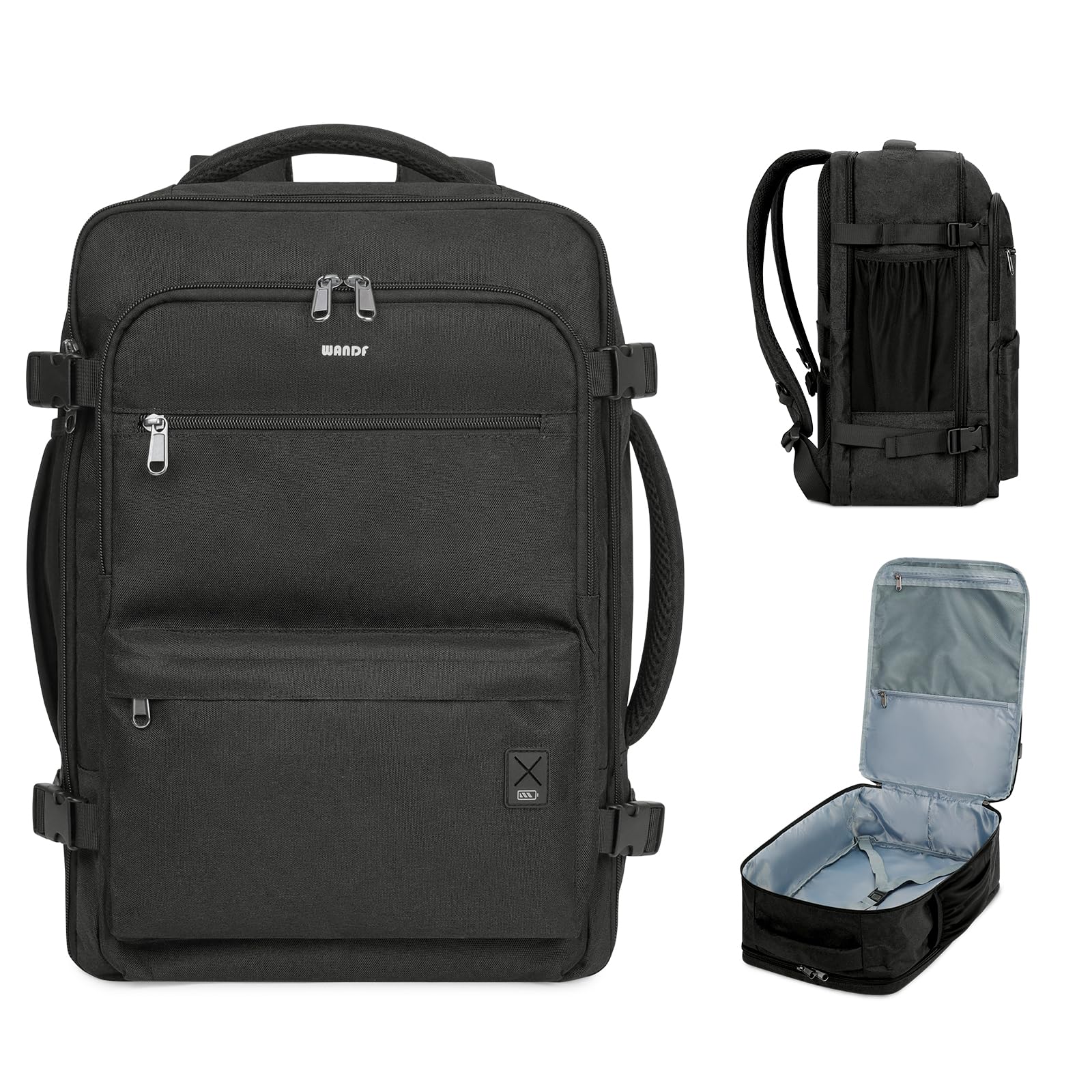 WANDF 18x14x8 Inch Travel Backpack - Approved Spirit Airlines Personal Item Bag with Wet Pocket & Laptop Compartment | 17 Inch Laptop Backpack for Men & Women (Black) | Perfect for Air Travel, Commuting & Business Trips