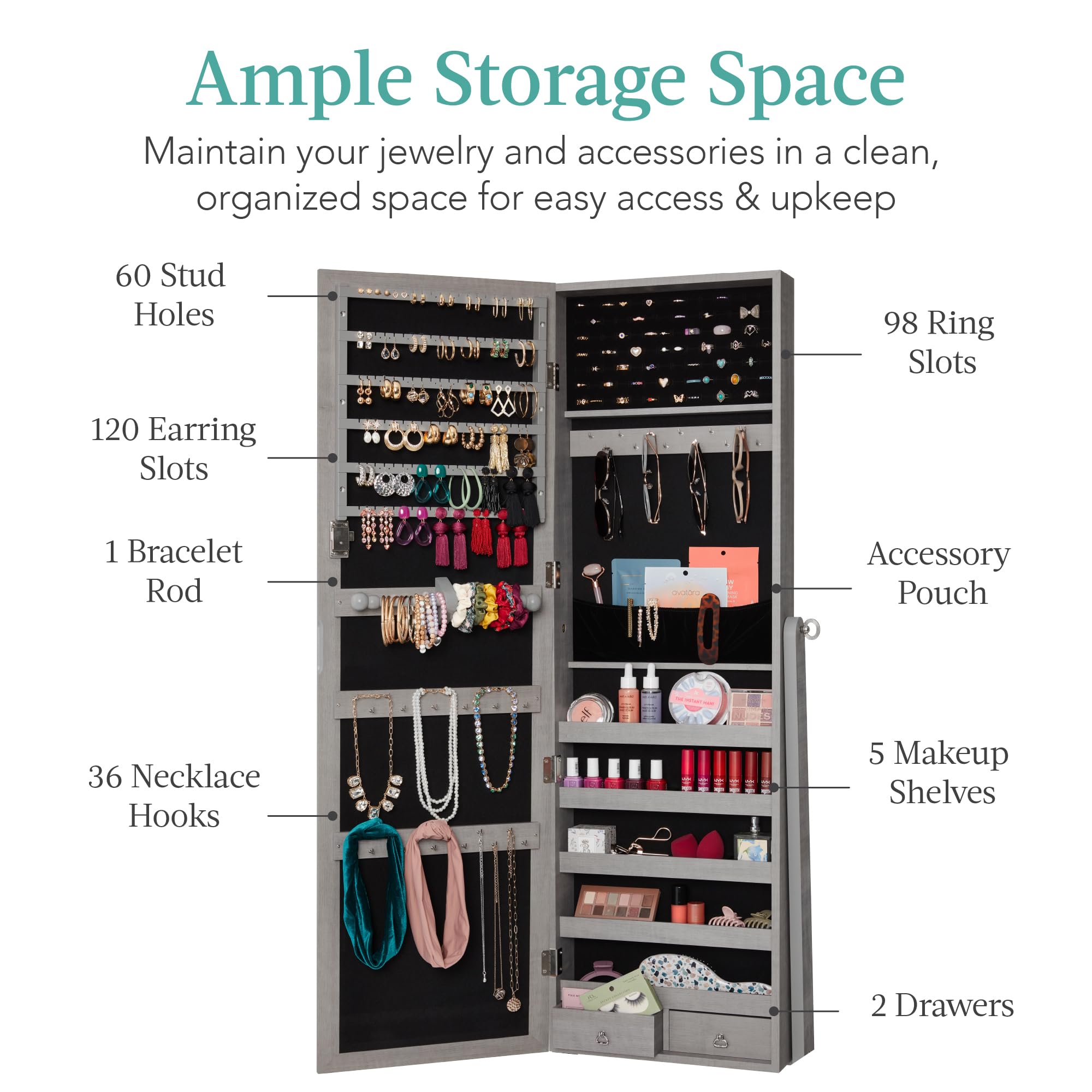 Best Freestanding Jewelry Armoire Cabinet with Full-Length Mirror - Lockable Makeup Storage Organizer with Velvet Lining, 3 Adjustable Angles, 5 Shelves & Accessory Pouch - Gray Oak - Perfect for Bedroom, Closet & Dressing Room Organization
