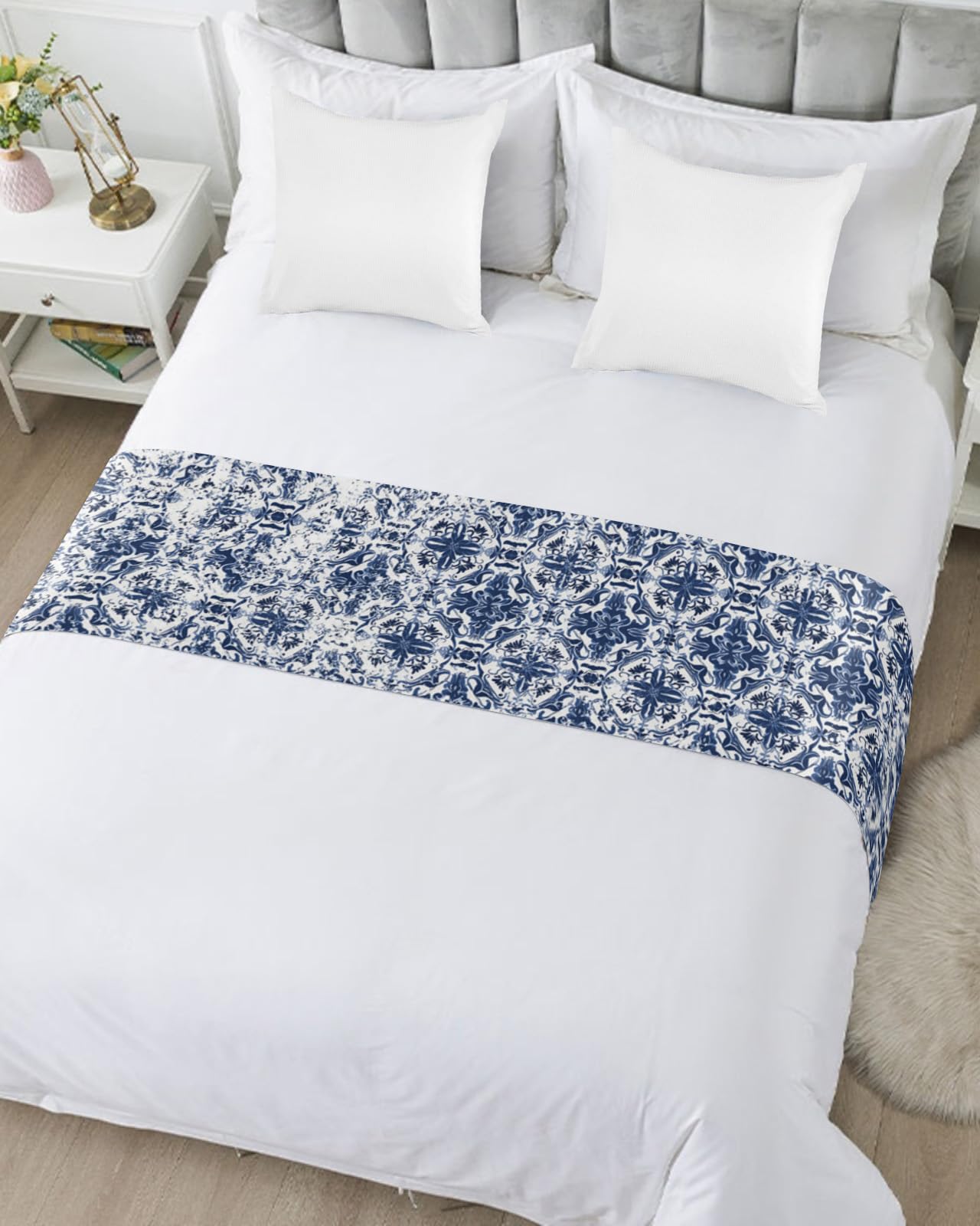 Cal King Bed Runner – Navy Blue Boho Bed Scarf Throw for Foot of Bed, Ethnic Abstract Geometric Design Luxury Bedding Protector (102x20 Inches) – Perfect for Hotels & Home Decor, Bedroom Styling & Sofa Accents