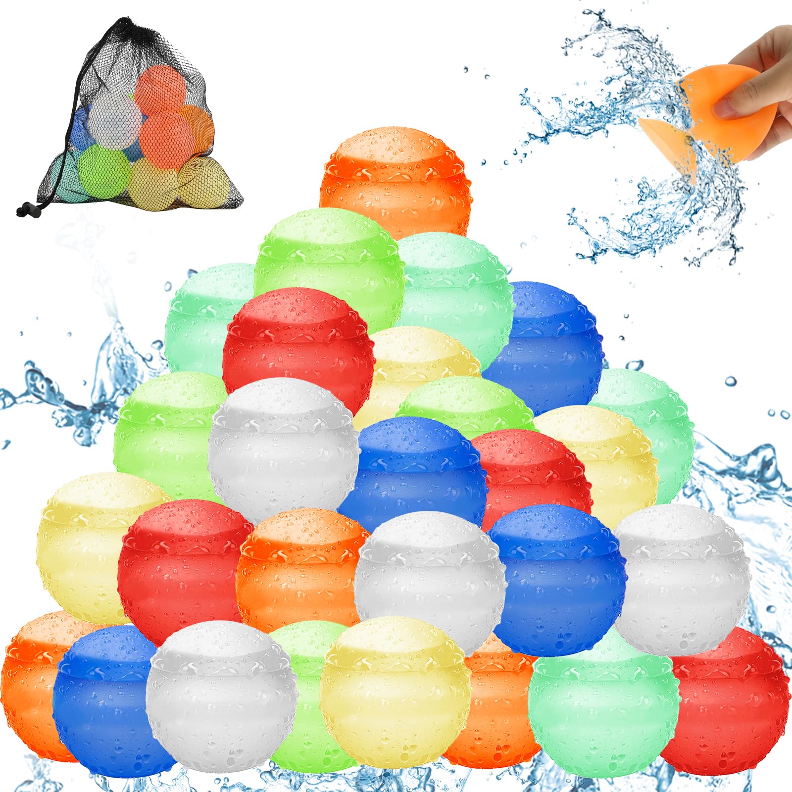 28 Pack Reusable Quick Fill Water Balloons - No Magnetic Silicone Summer Water Toys for Kids, Outdoor Pool & Beach Games with Mesh Storage Bag - Perfect for Backyard Parties, Water Fights and Summer Fun Activities