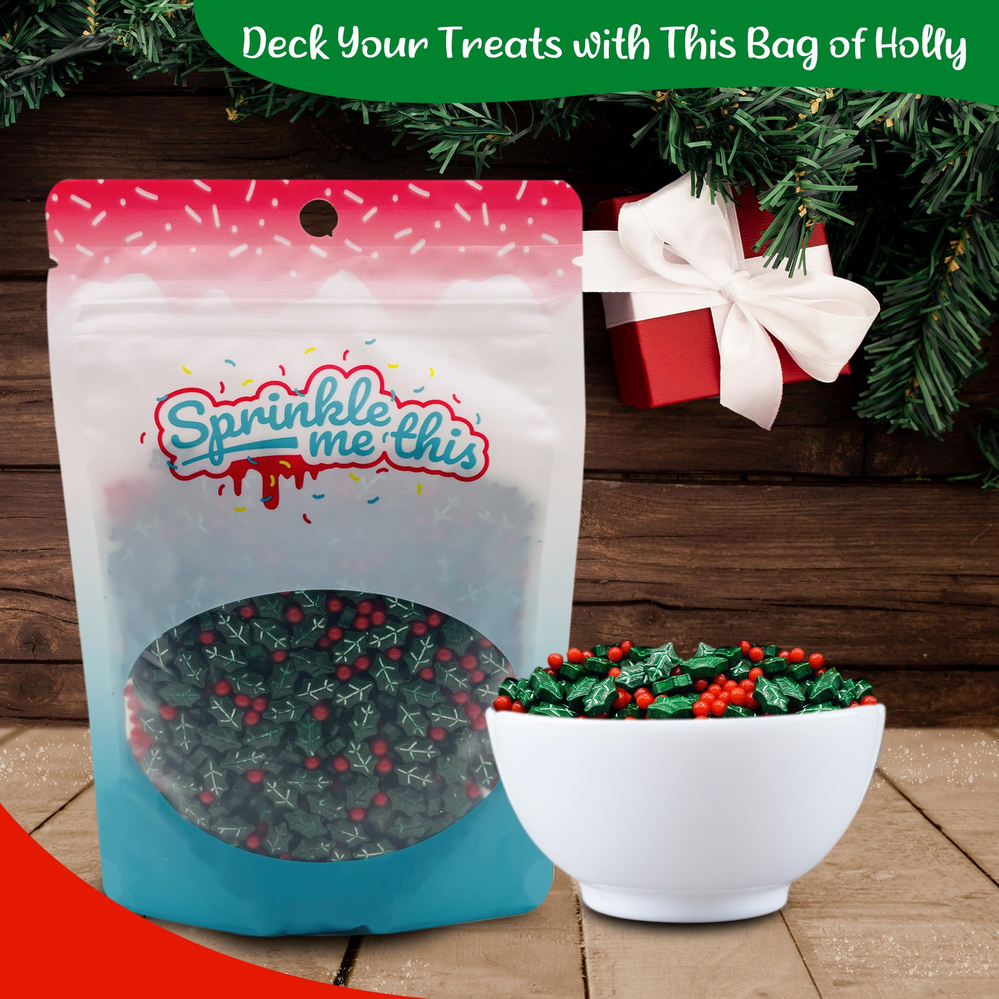 Christmas Sprinkles for Baking & Decorating - 4oz Bulk Holiday Sprinkles Variety Pack (Dextrose Holly Berry Blend) - Perfect for Cookies, Cakes, Cupcakes & Festive Desserts