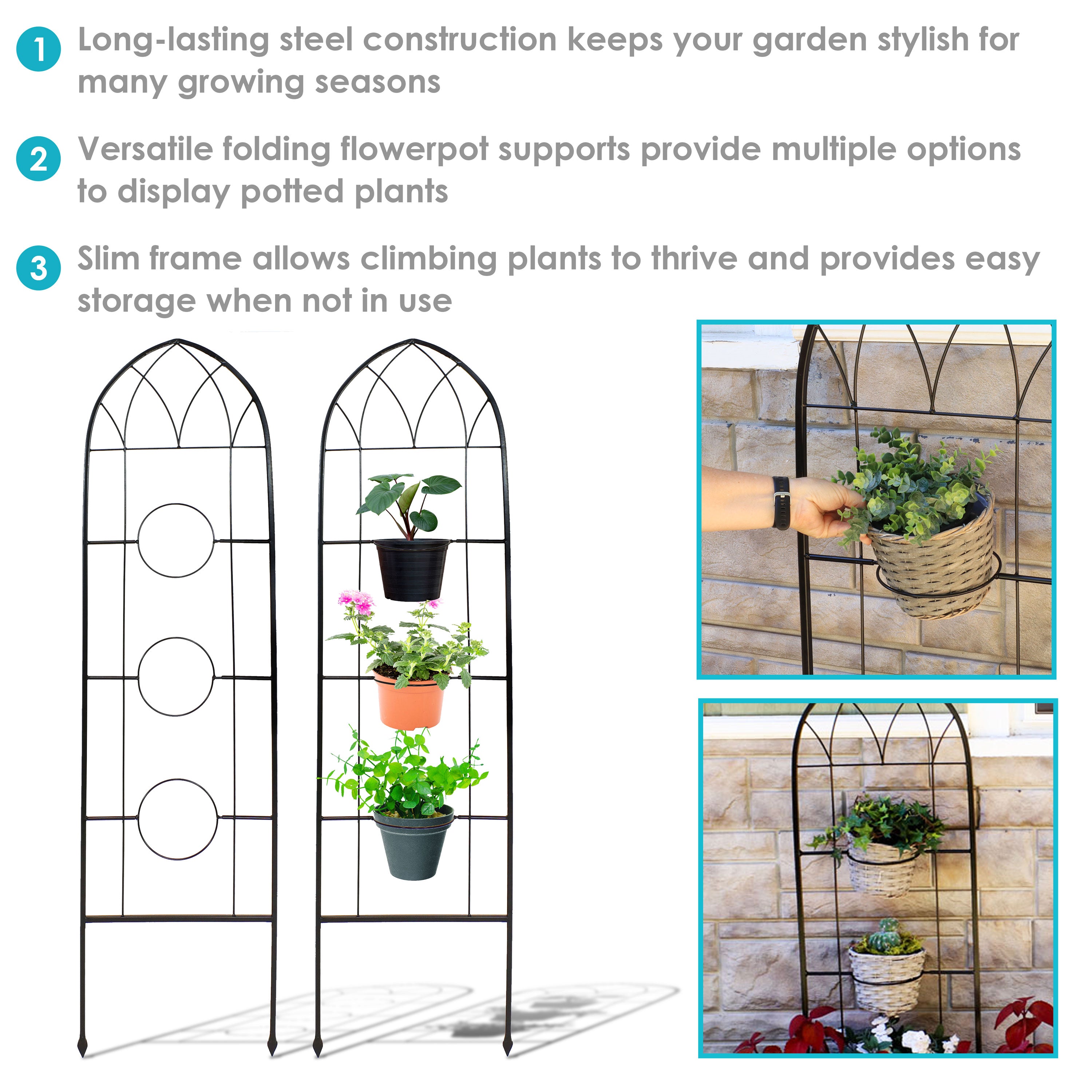 Sunnydaze 2-Piece Arched Garden Trellis with Folding Flowerpot Supports - Sturdy Metal Plant Climbing Frame for Vines, Roses & Outdoor Decor - Perfect for Patio, Backyard & Garden Landscaping
