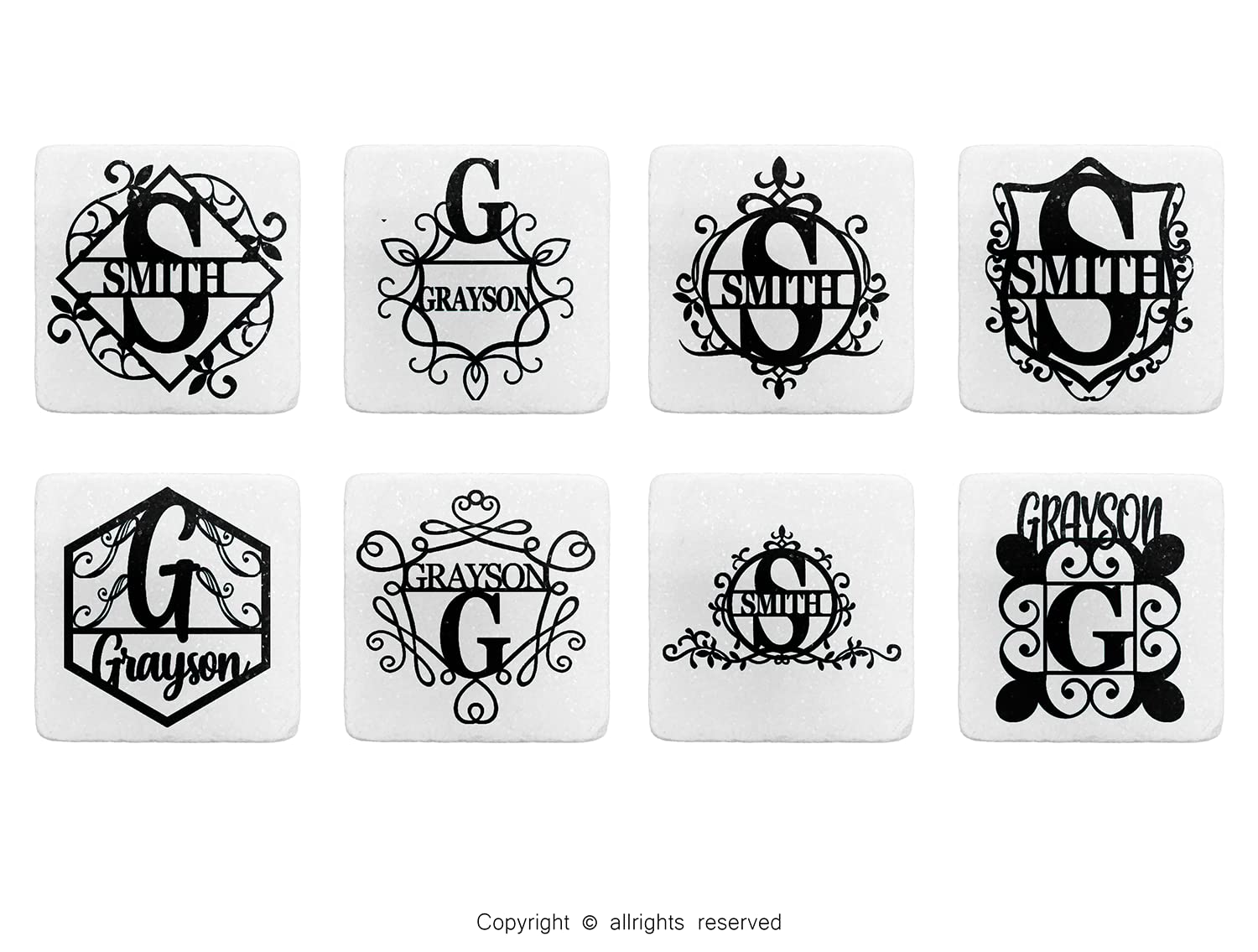 Custom Engraved Stone Coasters with Initials & Last Name - Personalized Wedding & Housewarming Gifts - Set of 6 White Drink Coasters for Home Bar, Office Desk & Party Decor