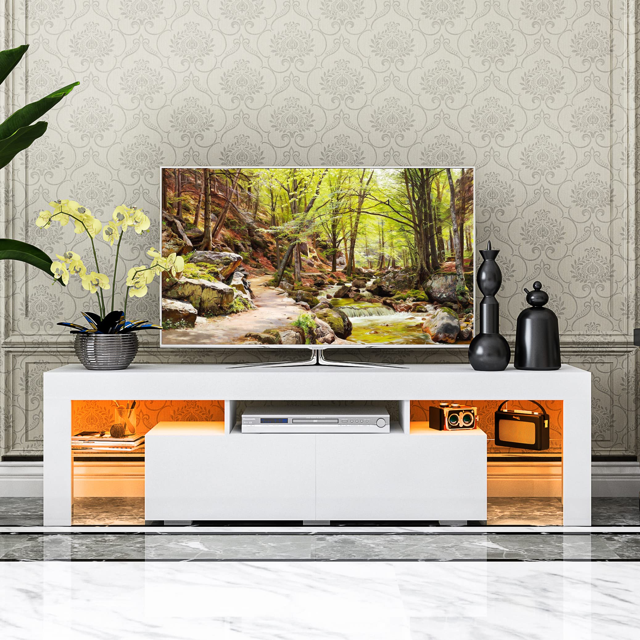 Modern White LED TV Stand for 70 Inch TVs - High Gloss Entertainment Center with 2 Storage Drawers - Large TV Cabinet for Living Room, Bedroom & Home Theater Setup