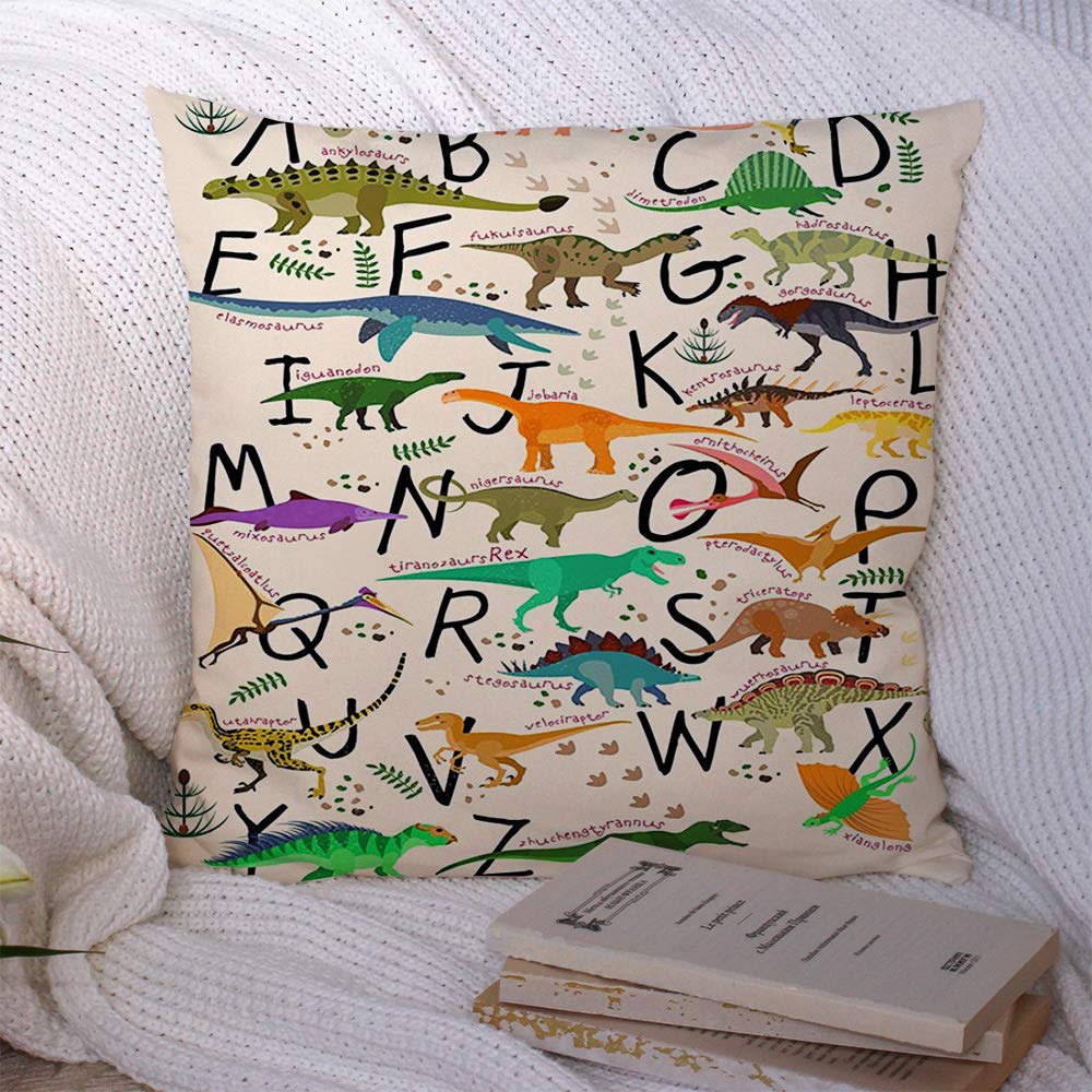 Alphabet Dinosaur Throw Pillow Covers 16x16 Inch - Soft Polyester Cushion Covers for Kids' Room, Sofa & Nursery Decor