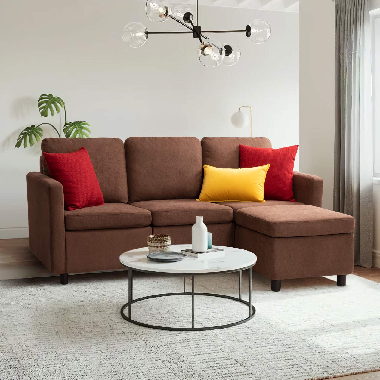 Flamaker Convertible Sectional Sofa L-Shaped Couch 3-Seater Modern Fabric Reversible Sofa for Living Room, Apartment & Small Spaces - Brown (Comfortable Lounge & Entertainment Seating)