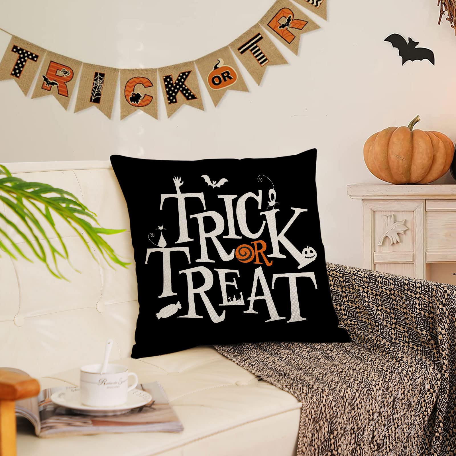 Halloween Pillow Covers 12x12 Set of 4 - Spooky Trick or Treat Throw Pillow Covers with Black Spider Web Design for Sofa, Couch, Bed - Perfect for Indoor & Outdoor Halloween Decorations (12 by 12 Inches)