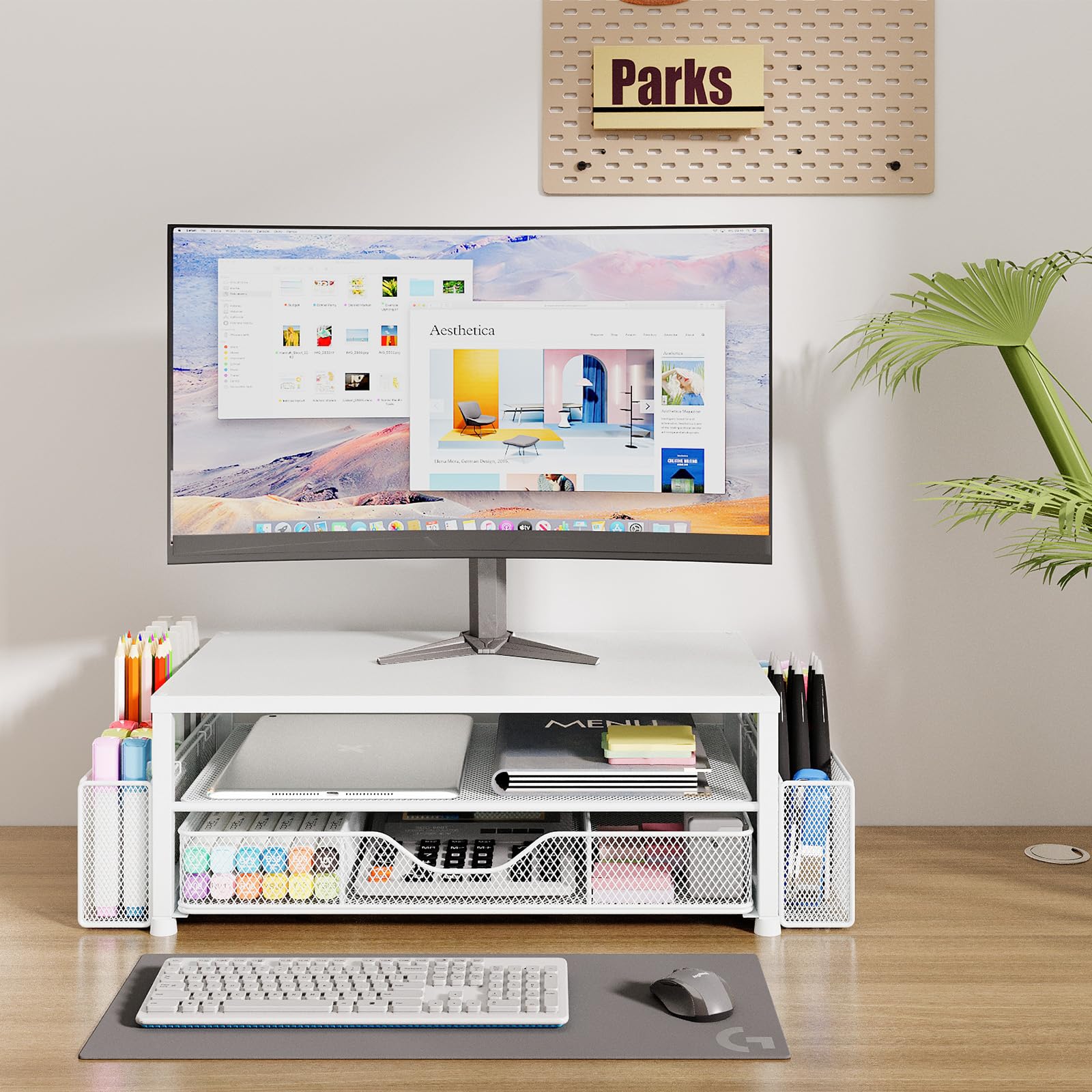 2-Tier White Computer Monitor Stand with Drawer & Pen Holders - Desk Organizer for Office Supplies, Workspace Accessories | Perfect for Home Office & Workspace Organization