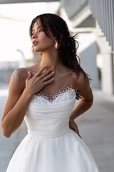 Sweetheart Neckline A-Line Wedding Dress with Pearl Embellishments - Sleeveless Ruffled Bridal Gown for Bride | Perfect for Beach Weddings, Vow Renewals & Romantic Photoshoots