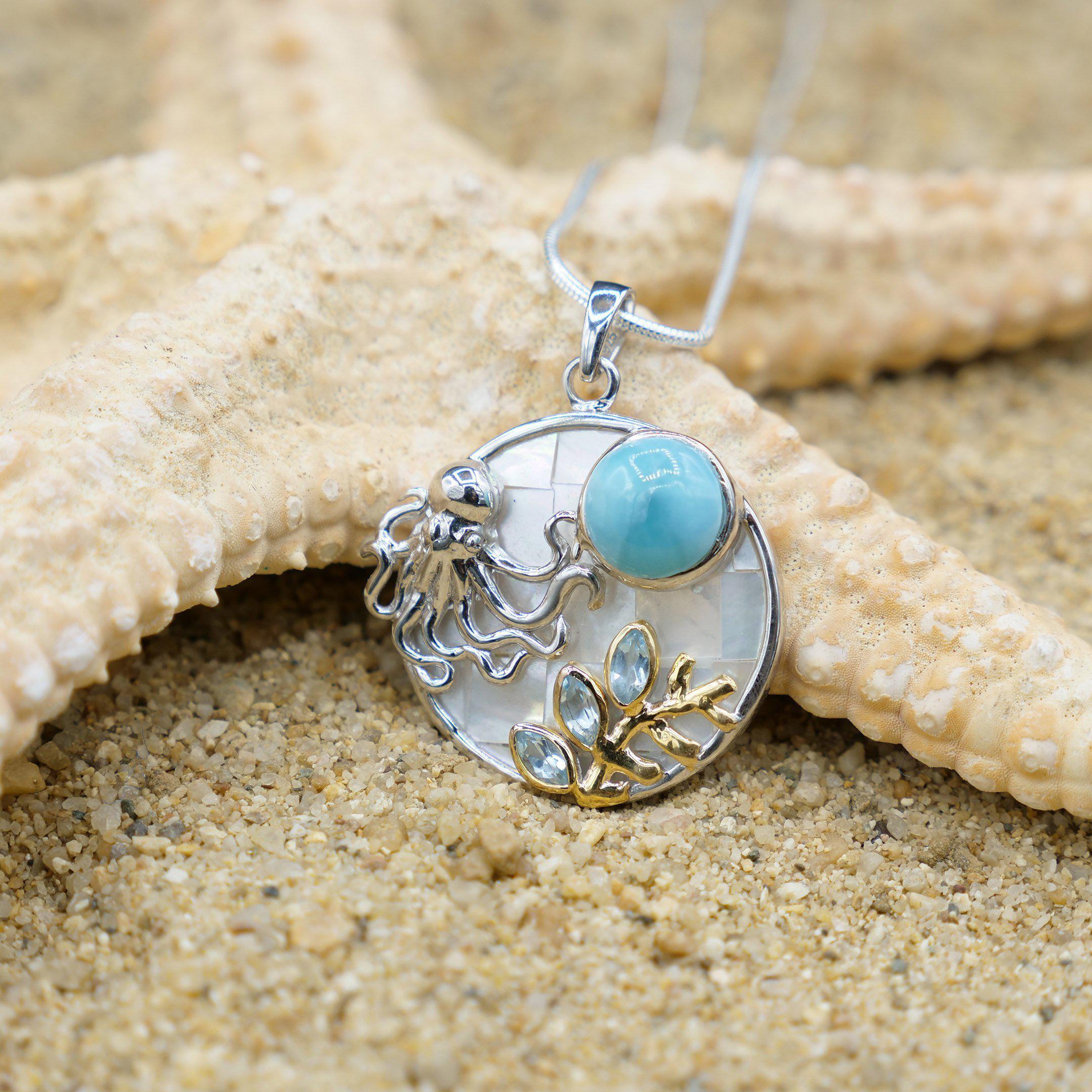 Handmade Octopus Pendant Necklace with Genuine Larimar, Blue Topaz & Mother of Pearl Mosaic - Boho Beach Jewelry for Women, Perfect for Summer Vacations & Ocean-Themed Gifts