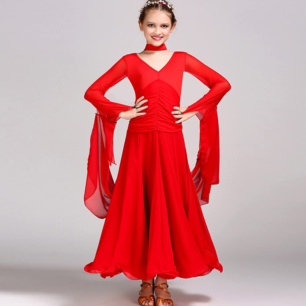Elegant Kids Long Sleeve Ballroom Dance Dress with Floating Yarn Design - Perfect for Competition, Performance & Special Occasions