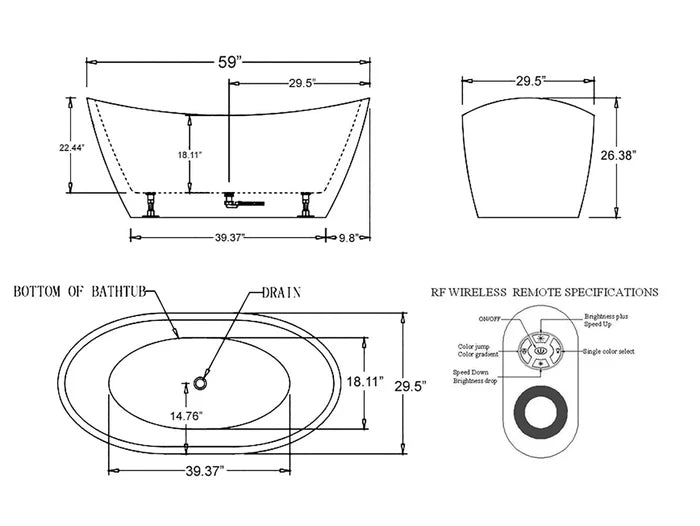 Empava 59-Inch Freestanding Soaking Bathtub with 7-Color LED Lights & Wireless Remote Control - Oval Center Drain Bathtub for Luxury Bathroom Spa Relaxation