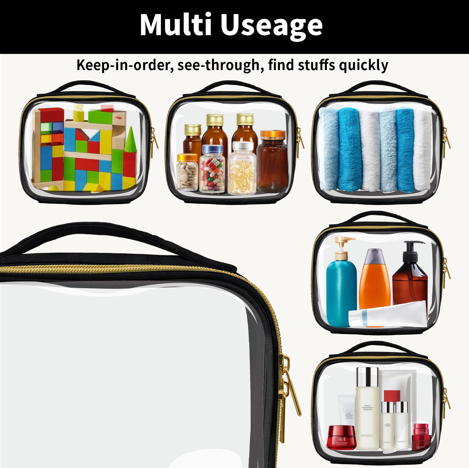 TSA Approved 3-Pack Clear Travel Toiletry Bags with Handles - Quart Size Leakproof Cosmetic Organizer for Women & Men - Airplane Carry-On Compliant (Black) - Perfect for Airport Security & Weekend Getaways