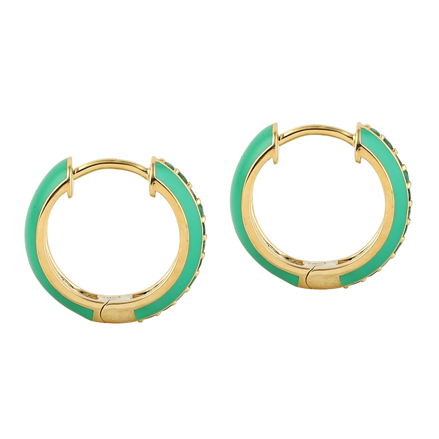 18K Yellow Gold Pave Emerald Gemstone Enamel Hoop Earrings for Women - Elegant Dangle Earrings for Party, Wedding & Special Occasions