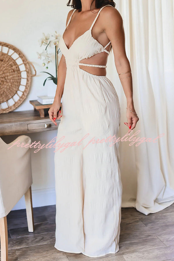 Stylish Crinkle Fabric Cut Out Backless Jumpsuit with Elastic Waist & Pockets - Perfect for Summer Vacations, Beach Getaways, and Night Out Parties