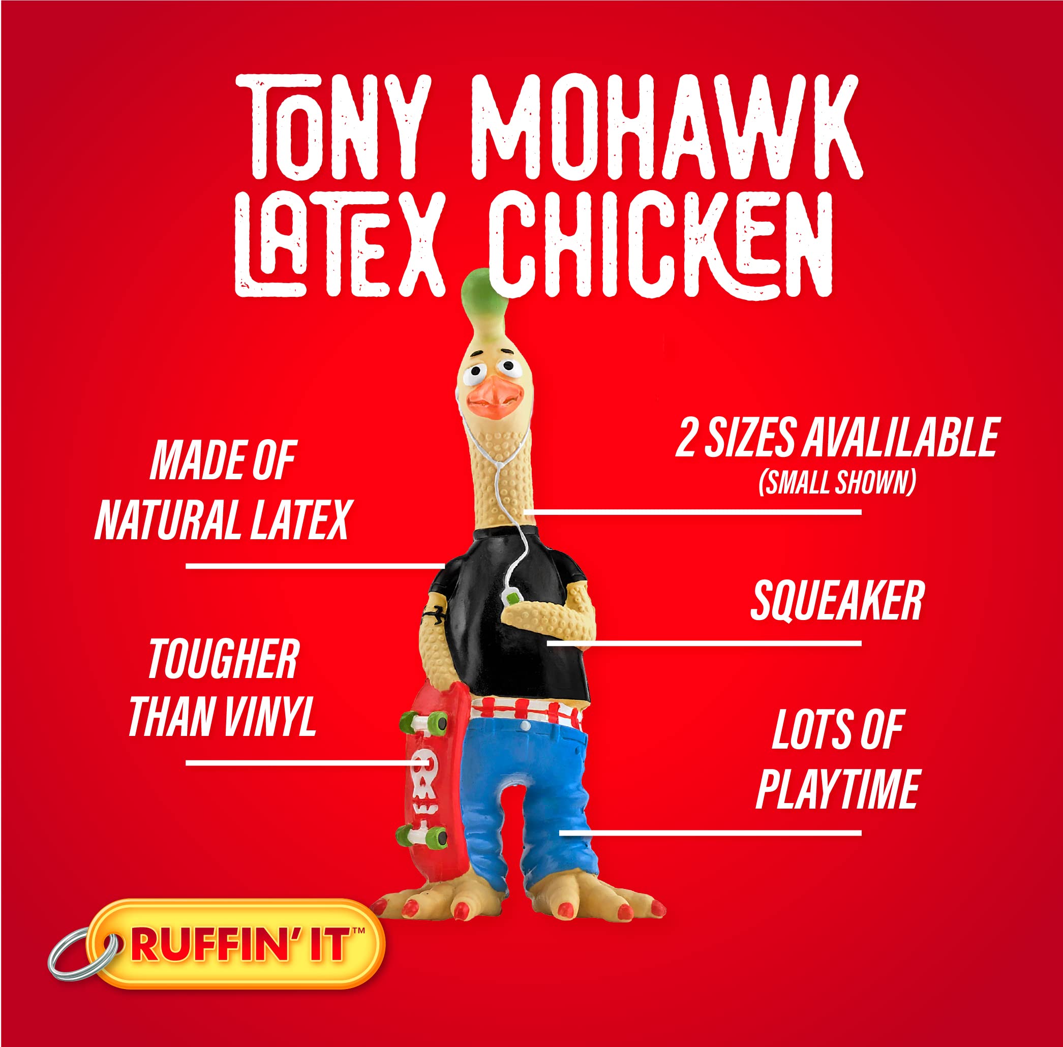Ruffin' It Tony Mohawk Durable Latex Chicken Dog Toy for Small Dogs - Interactive Chew Toy for Puppies & Indoor Play