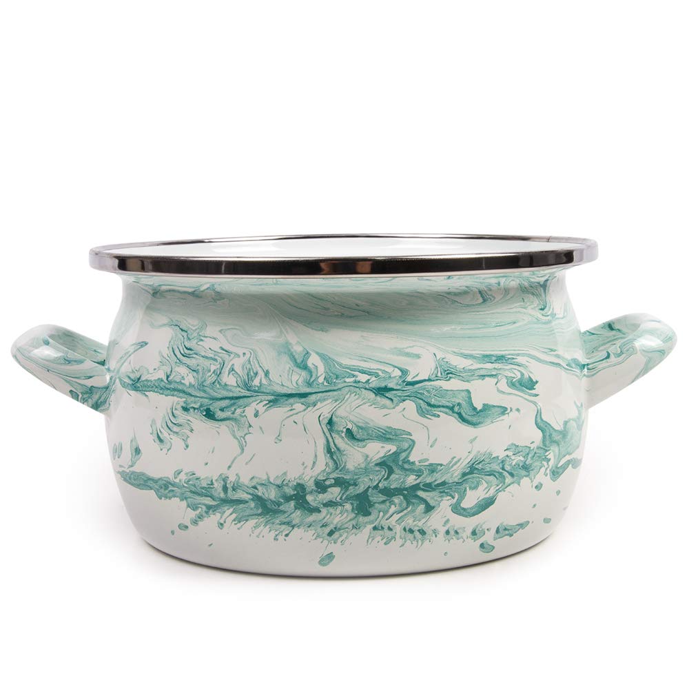 Shake White & Turquoise Enamel Stock Pot with Glass Lid - 5.3 Quart (5L) Enamelware Cooking Pot for Soups, Stews & Pasta - Vintage Style Kitchen Essential for Stovetop & Oven Use