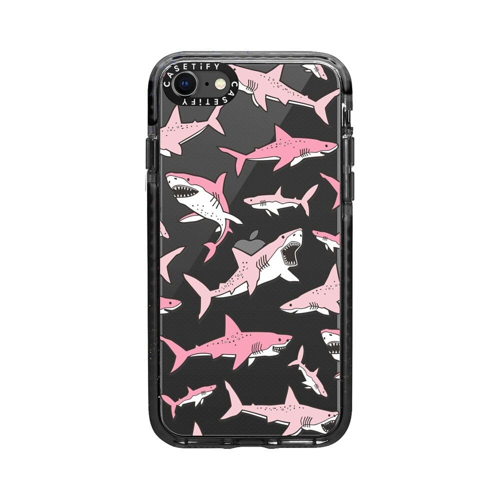 CASETiFY Impact Case for iPhone SE (2020/2022) & iPhone 7/8 - Shockproof Protective Phone Cover with Pink Sharks Design - Clear Black Case for Everyday Protection & Style