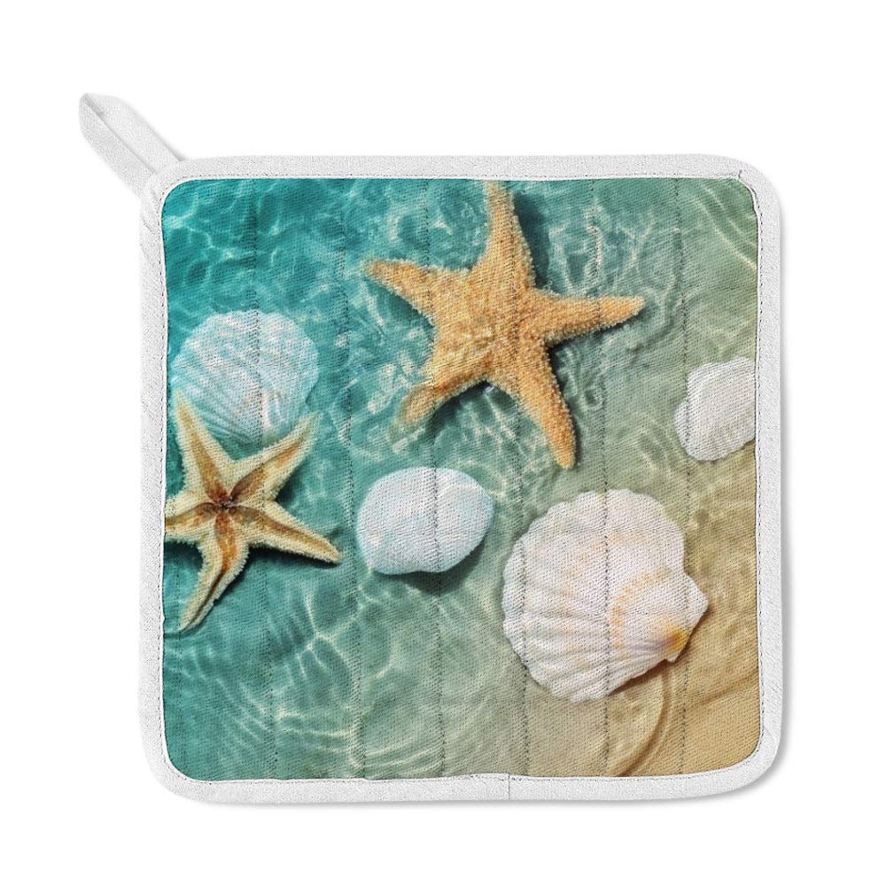 Beach Starfish Seashell Gradient Ocean Kitchen Apron Set with Pockets, Oven Mitt & Pot Holder - Adjustable Cooking Apron, Microwave Glove & Potholder (3-Piece) - Perfect for Cooking, Baking, BBQ & Beach Themed Parties